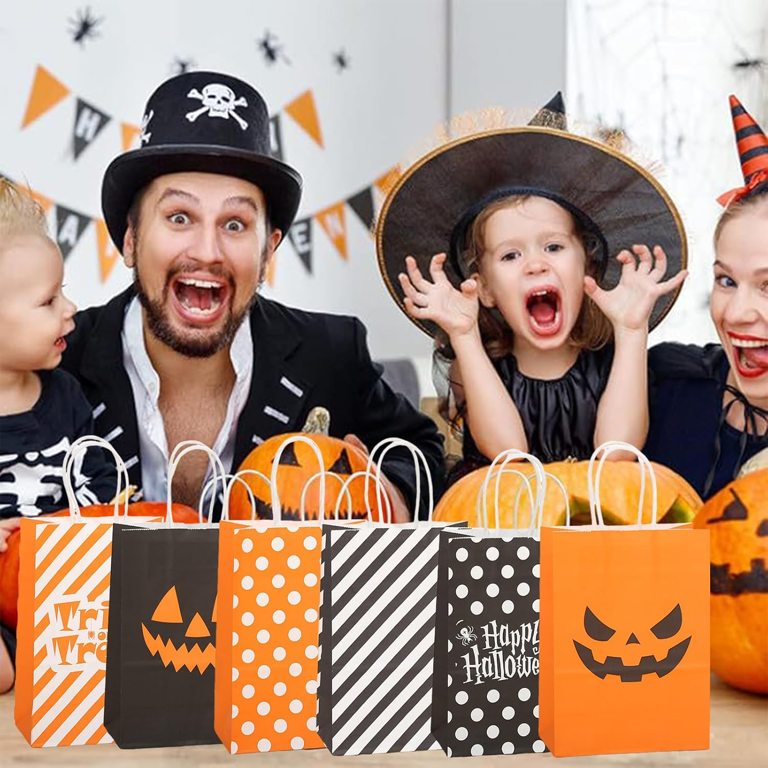 SYTHAK Halloween Kraft Paper Bags with Handles,24Pcs Jack O' Lantern Pumpkin Gift Bags Treat Candy Goodie Bags for Halloween Trick or Treat Party Supplies