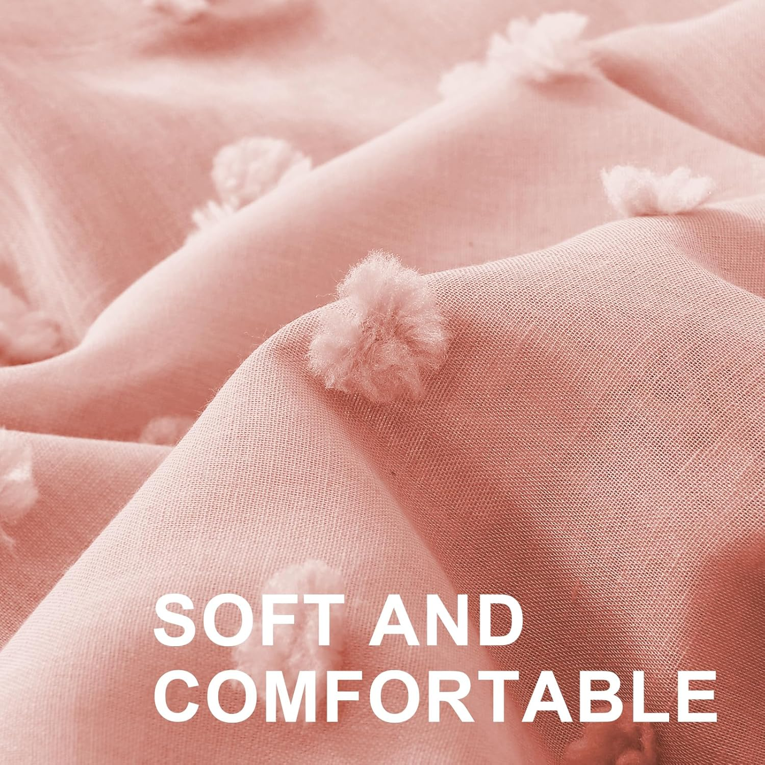 Smarcute Pom Pom Linen Textured Sheer Curtains for Bedroom Light Filtering Semi Sheer Rod Pocket Curtain & Drapes for Living Room, Nursery Room, Set of 2 Panels, (Coral Pink, 132 X 160 Cm) image number 4