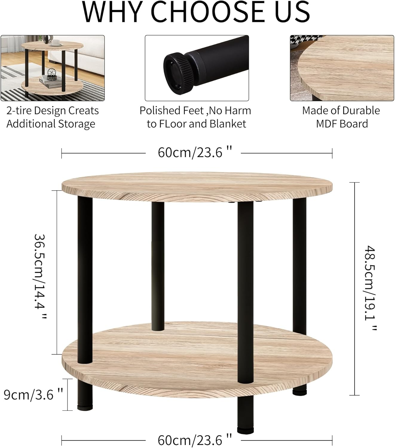 VERFARM 60CM round Coffee Table, 2-Tier Small Circle Coffee Table with Storage, Modern Center Accent Table with Metal Frame, Side Table End Table for Small Space, Living Room, Office, Teak Oak - Black + Rustic Brown image number 4