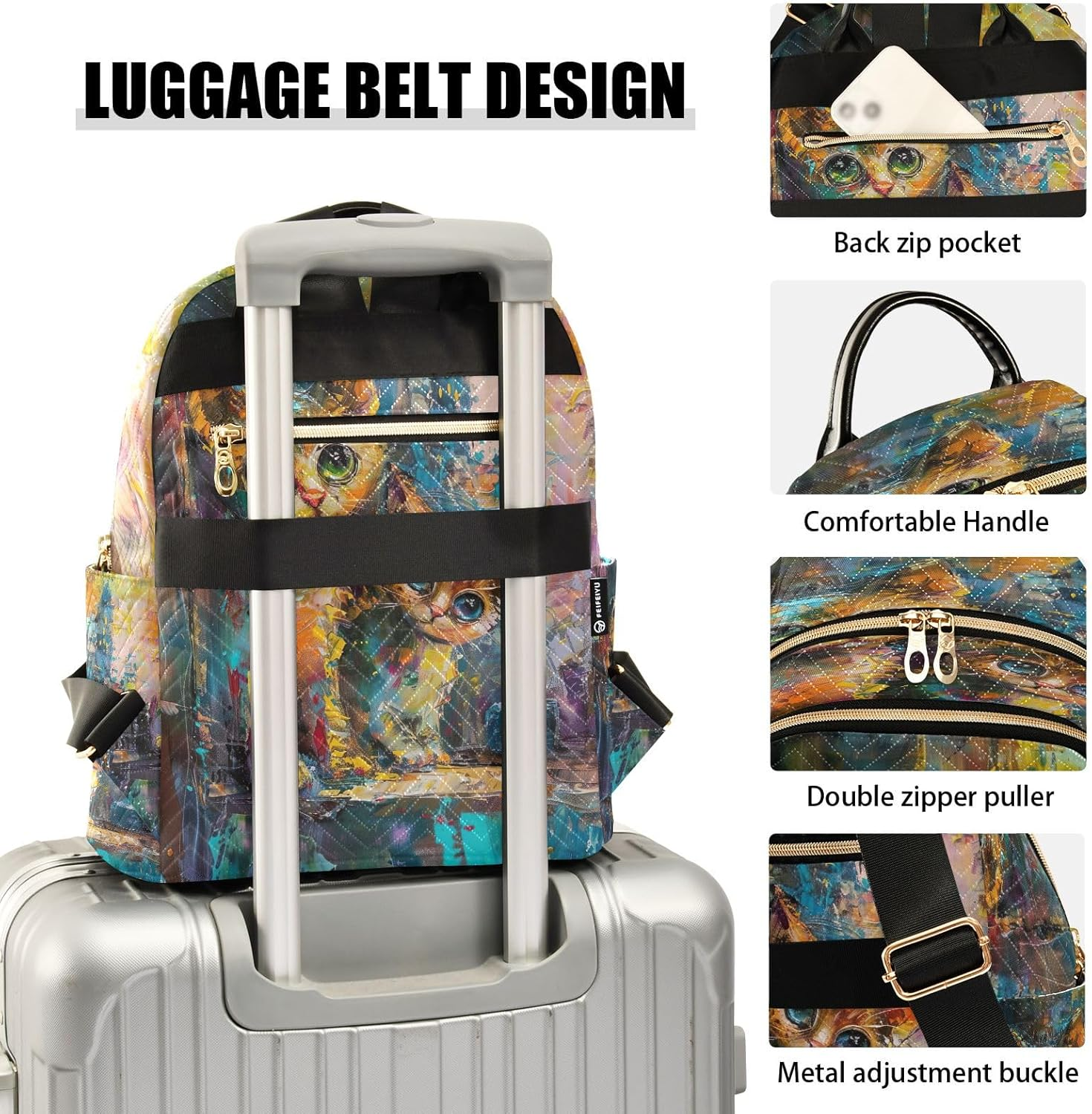 Joisal Stained Glass Style Cat Mini Backpack Women anti Theft Computer Backpack for Women, Travel Backpack Women image number 2