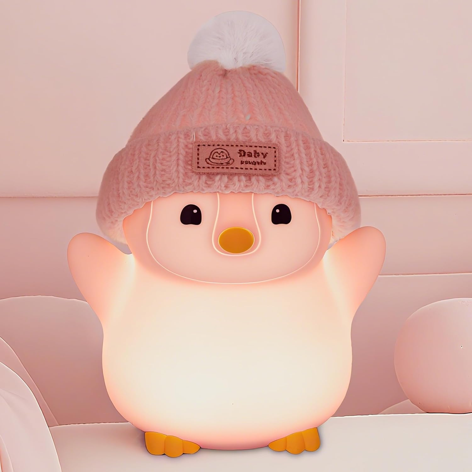 FAMIDUO Penguin Night Light, Cute Pink Penguin Lamp with Knit Hat, Soft Silicone Nursery Nightlight for Baby, Rechargeable/Dimmable/Timer,Led Squishy Novelty Animal Bedside Lamp,Funny Gifts for Kids image number 6