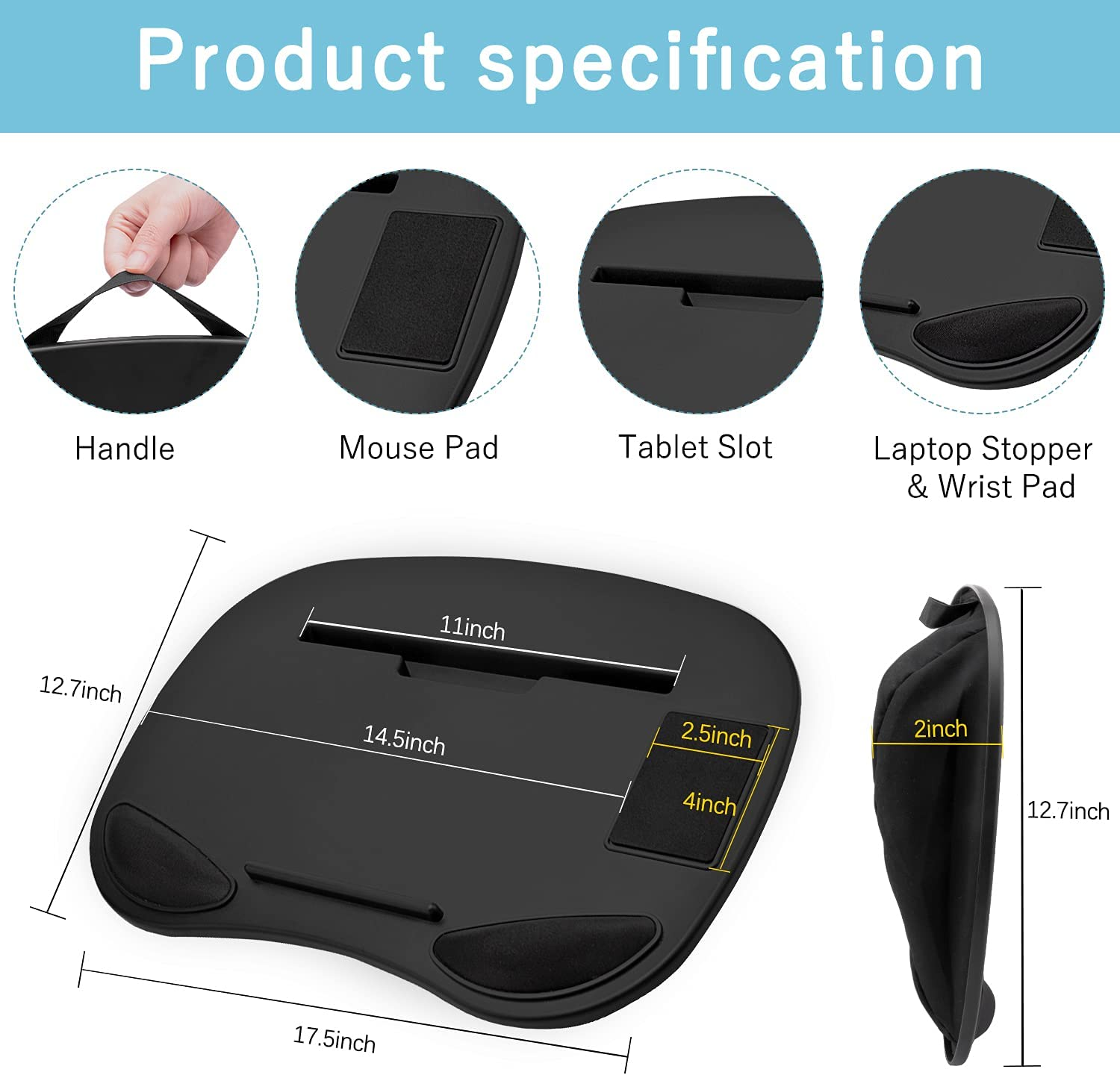 Boperzi Lap Desk with Cushion - Home Office Lap Stand for Bed, Portable Laptop Desk with Anti-Slip Strip, Bed Table Tray for Notebook, Fits up to 14 Inch Tablet - Black image number 3