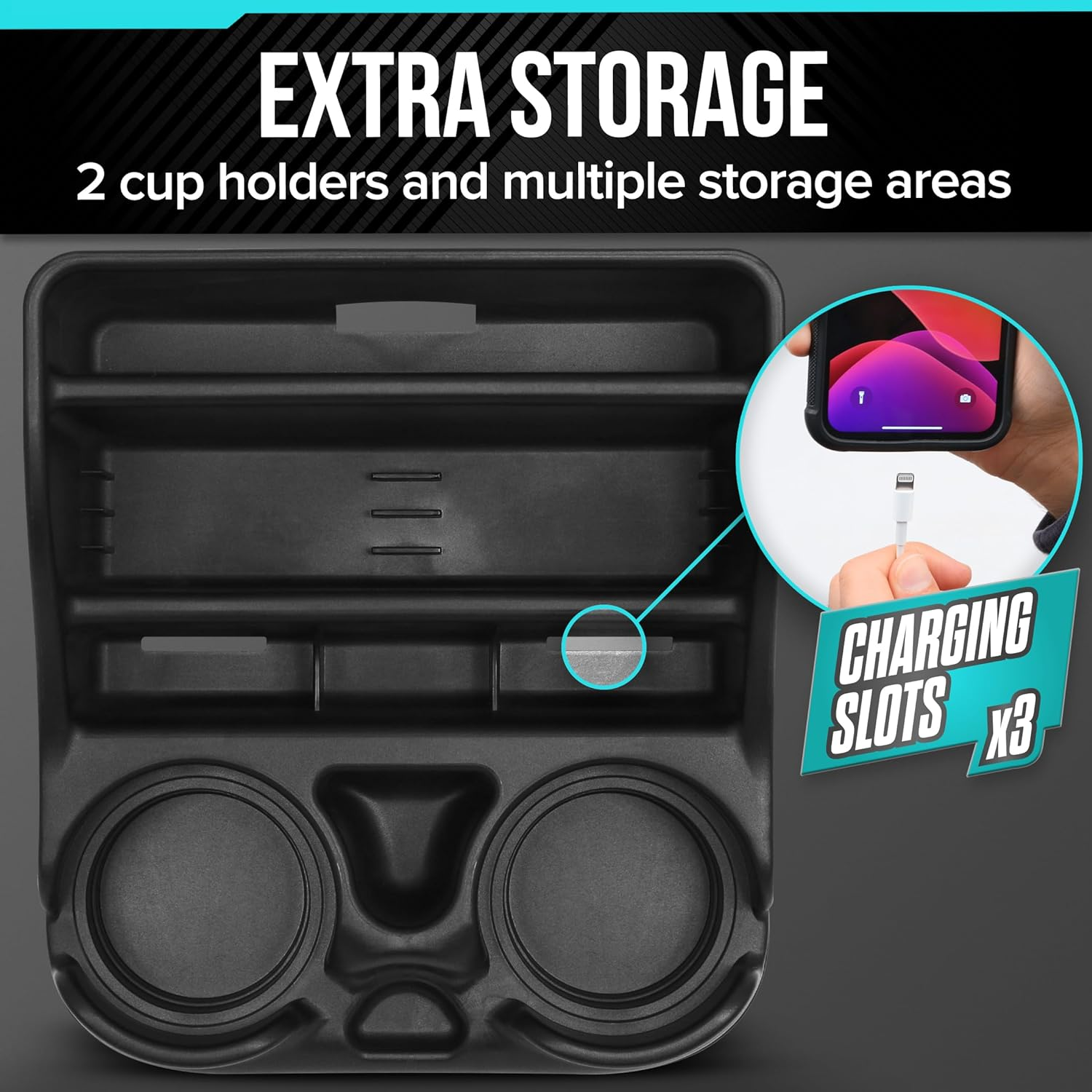 Moblorg Small Center Console for Cars, Trucks, Minivans, Suvs, Vehicle Organizer, Cup Holders, Recycled Plastic, Made in USA (Black) image number 4