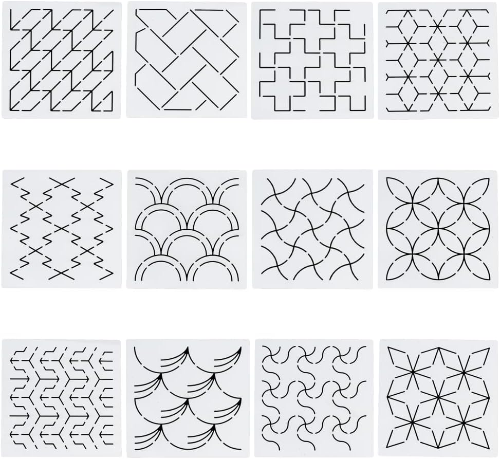 FREEBLOSS 12Pcs 5.5 * 5.5Inch Plastic Sashiko Stencils, Drawing Line Template for Hand Quilting Sashiko Patterns Templates Embroidery Stencils for Hand Sewing Lovers 2.5Mm Thick image number 6