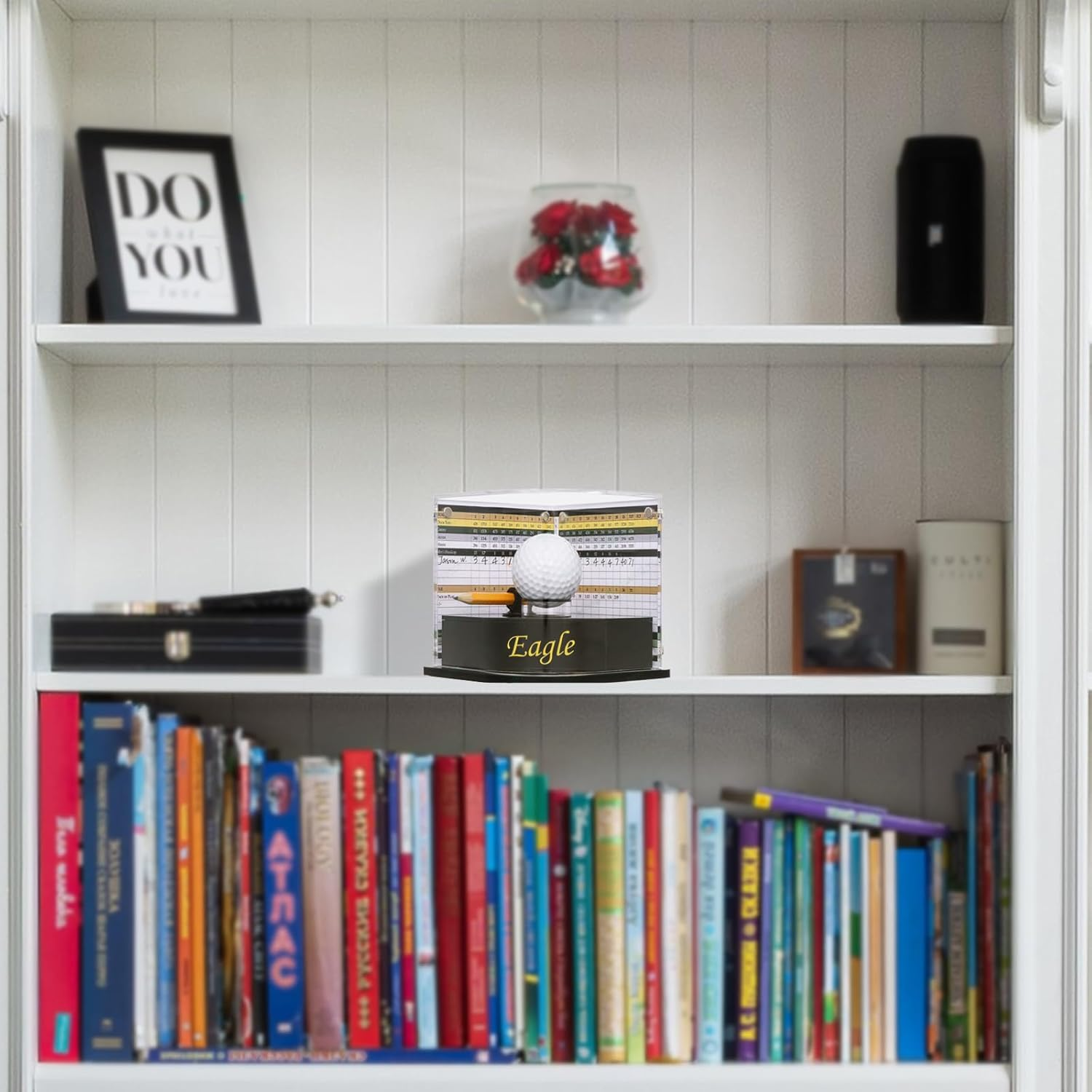 Hole-In-One Golf Ball Display Case W/ 2X Background Frames & Pencil Holder|3-In-1 Golf Ball Holder & Memorabilia Storage Box|Adhesives Included image number 1