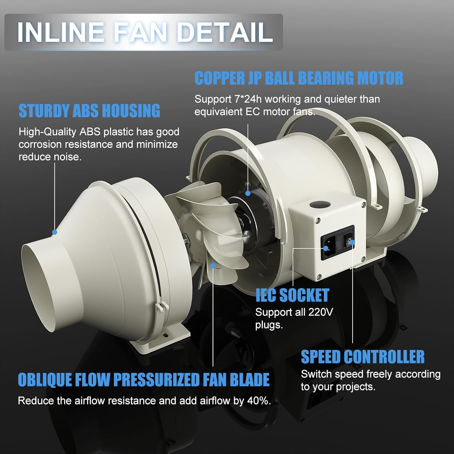 Fangofast Flue Duct Fan 100 Mm Inline Duct Fan Exhaust Fan 230 V Quiet with IEC Socket EU Plug + 1.5 M EU Power Cable for Bathroom, Office, Growth Rooms image number 6