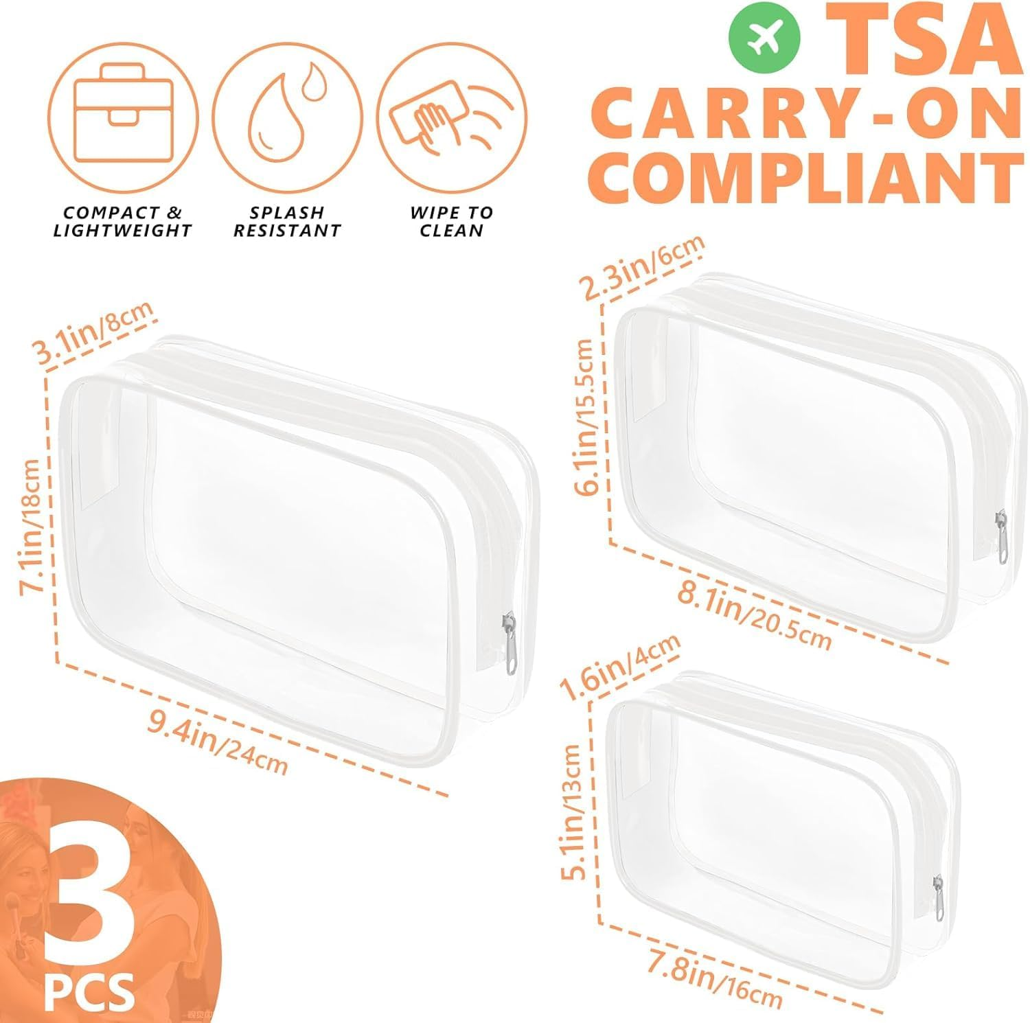 MKUCCD 3Pcs Transparent Toiletry Bag, Transparent Cosmetic Bag with Zipper, TSA Certified Travel Bag, Women'S Travel Cosmetic Bag, Transparent PVC Bag, Portable Travel Duffel Bag (2White 3 Pack) image number 5