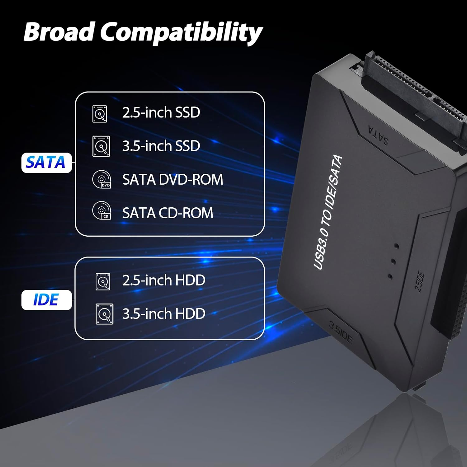 Amtake USB 3.0 to SATA IDE Hard Drive Reader, IDE to USB Adapter, External Hard Drive Converter for Universal 2.5/3.5 Inch HDD/SSD (With 12V 2A Power Supply)
