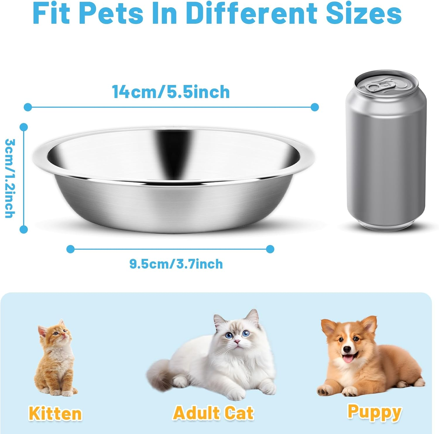 Elzle Stainless Steel Cat Bowls, 3 Pieces Metal Cat Bowl, Cat Bowl 5.5 Inch, Dishwasher Safe, Suitable for Cats, Small Animals with Short Nose