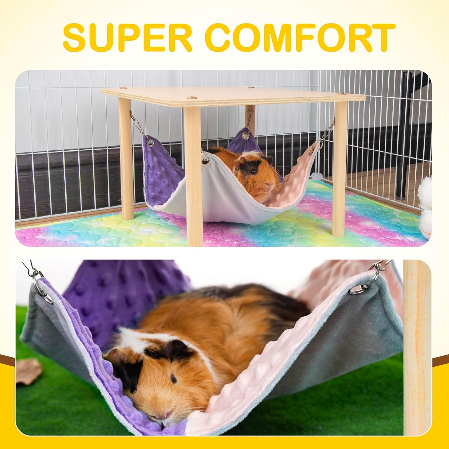 BESNEW Enlarged Guinea Pig Hammock with Wooden Stand,Small Animal Hanging Bed Large Platform for Guinea Pigs Bunny Ferret Hamster Hiding Sleeping 13L X 13W X 11H In