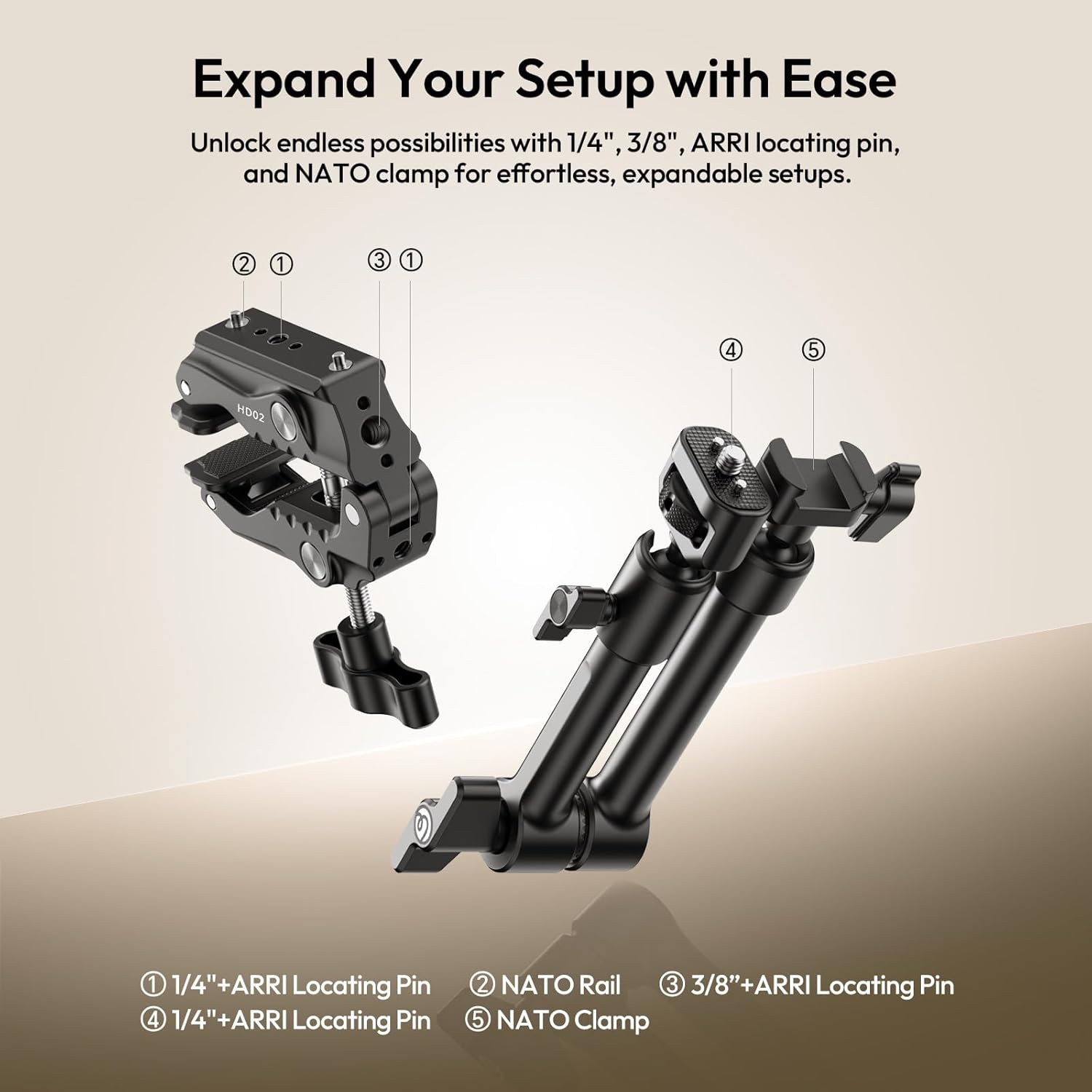 ULANZI HD02 10" Camera Magic Arm Super Clamp Kit with 360&deg; Ball Head,Heavy-Duty Super Clamp,6.6Lbs Load, 1/4"-20 & 3/8"-16 Mount, ARRI Pins, NATO Rail Articulating Friction Arm for Dslr/Monitor/Light image number 5