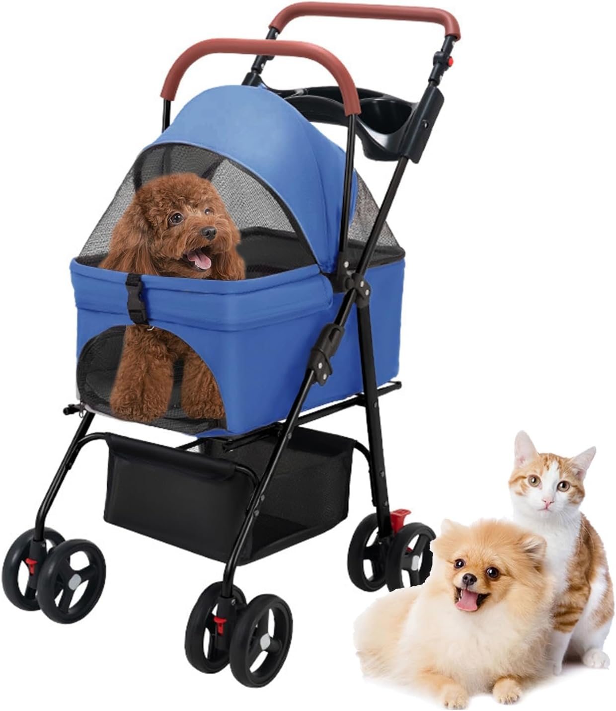 Pet Stroller-Folding 4 Wheels Cat/Dog Stroller for Medium Small Pets with Storage Basket and Cup Holder Suitable for Going Out and Traveling (Black)