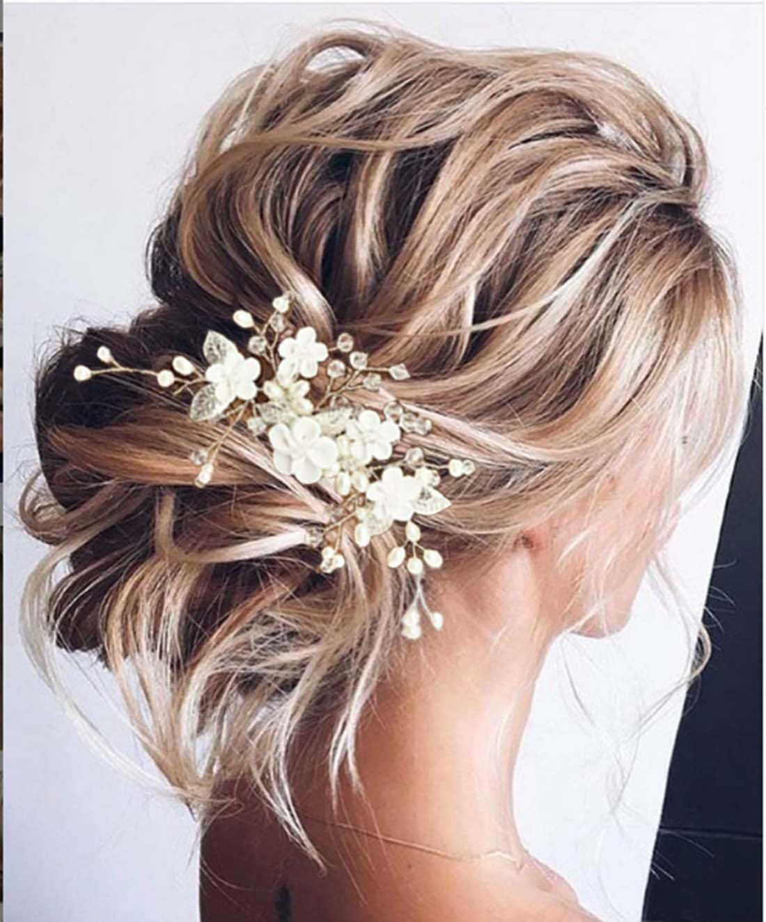 Resweky Bride Wedding Flower Hair Comb Pearl Bridal Hair Side Comb Pieces Bridal Hair Accessories for Women and Girls (Silver)