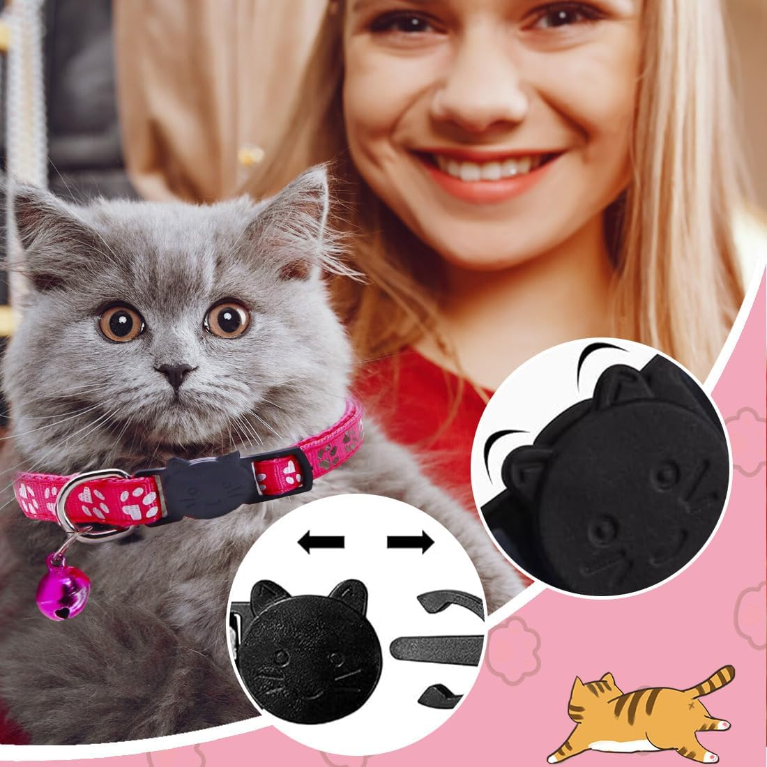 Weddhuis 2 Cat Collars, Adjustable Cat Collar with Bell and Safety Buckle, Suitable for All Domestic Cats (Pink+Red) image number 4