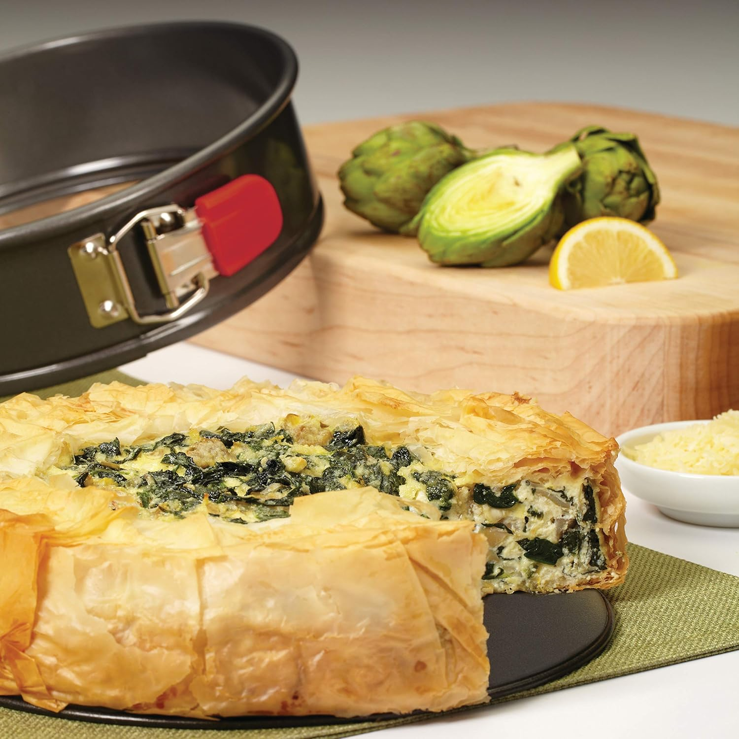 Rachael Ray Oven Lovin' Nonstick Bakeware Springform Cake Pan with Grips - 9 Inch round Cheesecake Pan, Gray