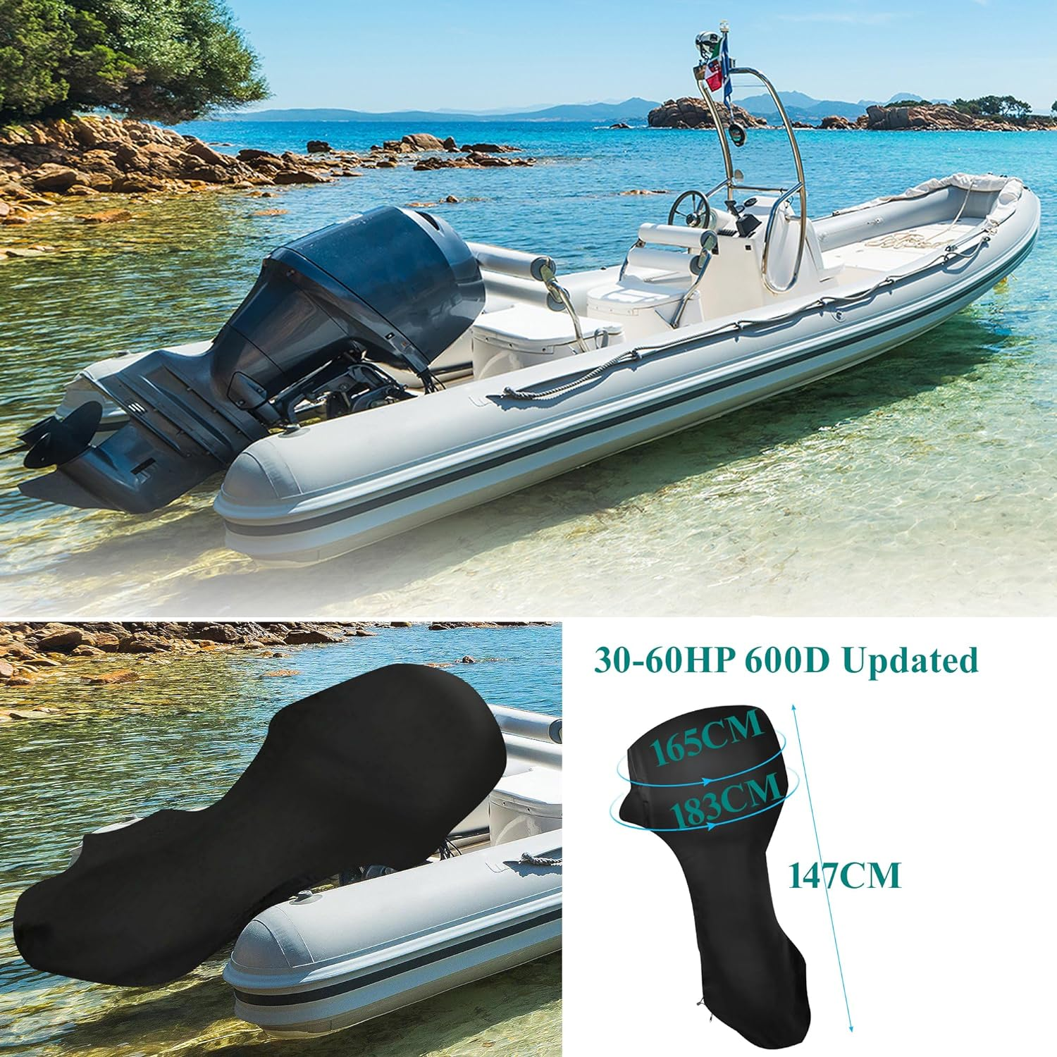 Boat Full Outboard Motor Cover 600D Heavy Duty Fabric, Waterproof, Black Outboard Boat Engine Cover (For 30~60HP Motor) image number 3