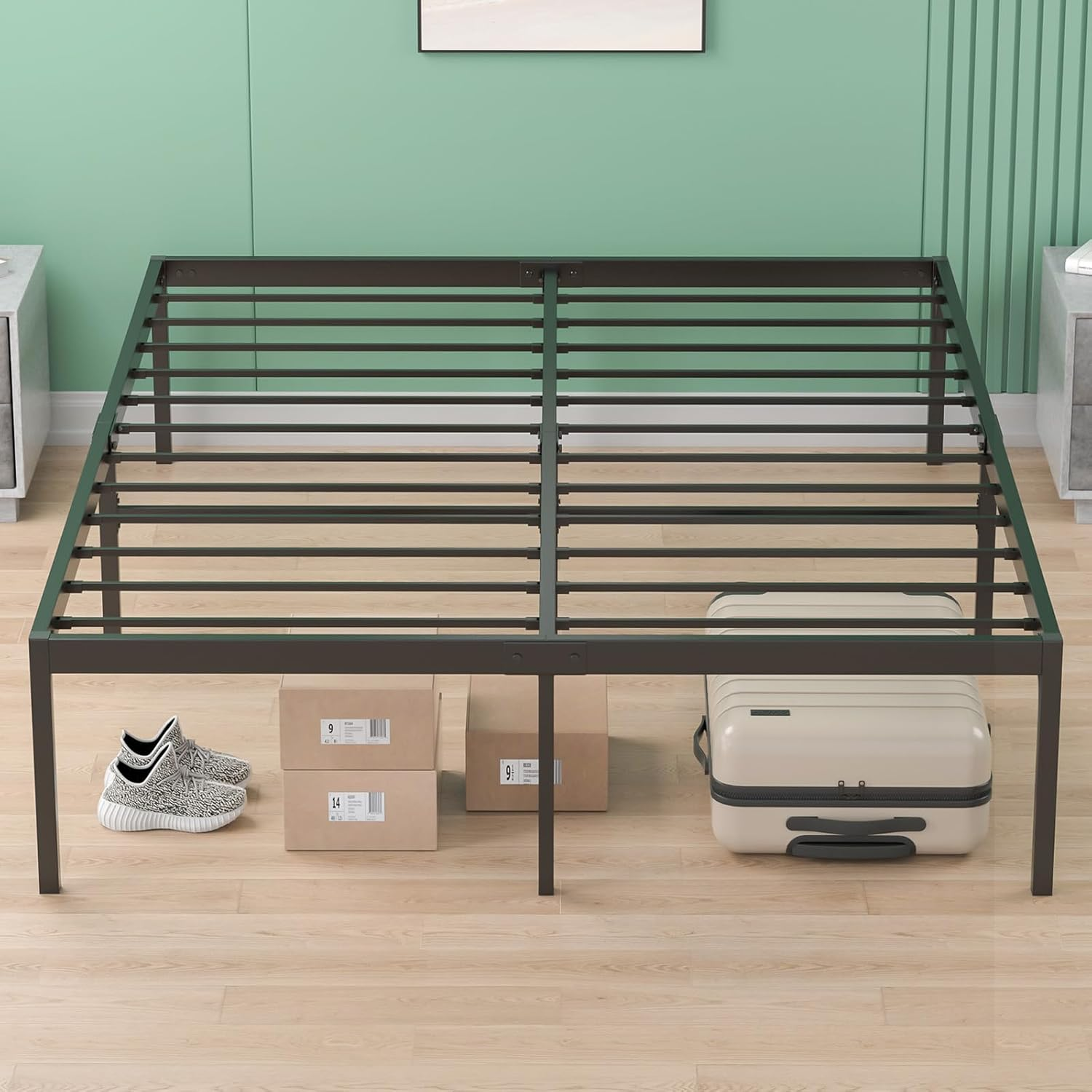 Queen Metal Bed Frame Base, 39Cm Extra Storage Space Bed with Reinforced Legs, 300Kg Weight Capacity, Bedroom Furniture, Black image number 2