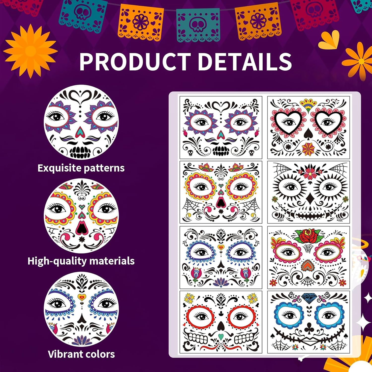 Pack of 8 Halloween Face Tattoos for Adults, Temporary Tattoos with Skull Vampire Motifs and 1 Rhinestone Tattoo, Pumpkin Costume Accessories for Cosplay Party image number 2