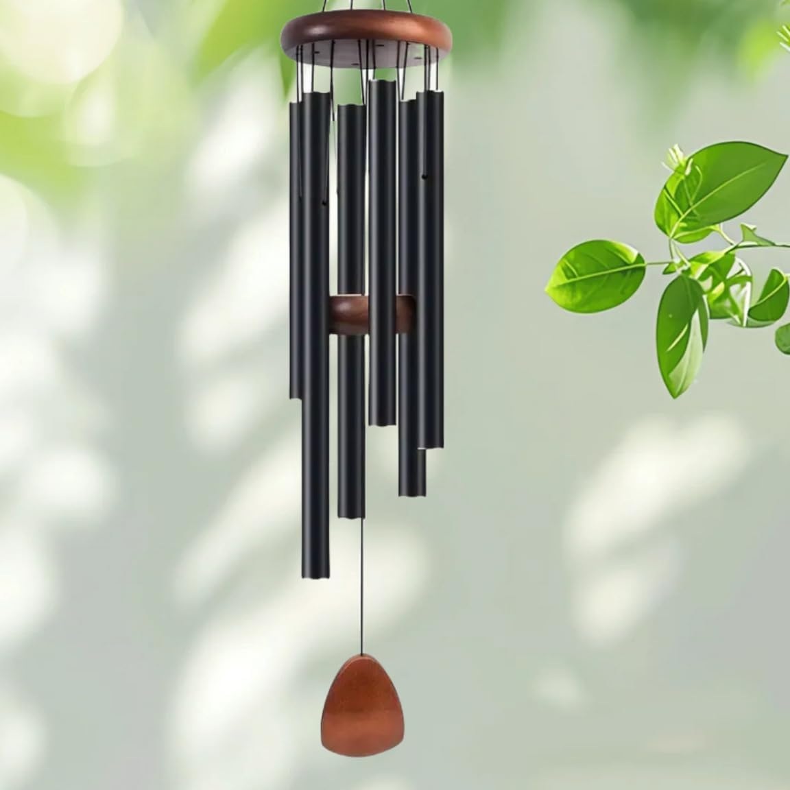 Wind Chimes with 6 Tuned Tubes & Pendant, Large Sympathy Wind-Chime, Classic Memorial Wind Chime for Outdoor Indoor Personalized Decor, Smooth Melodic Wind Chime for Garden Patio Balcony Home (Black)