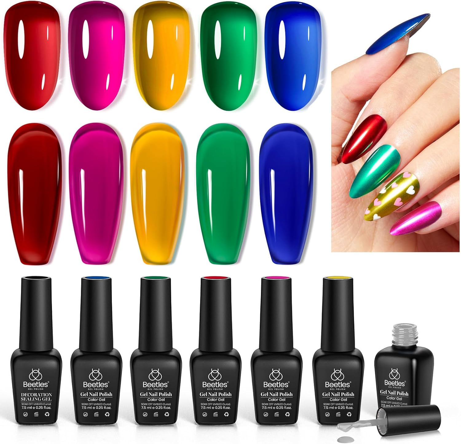 Beetles Gel Polish Gel Polish 7 Pcs Nail Set Metallic Gel Nail 5 Colors Neon Jelly Gel with Decoration Sealing Gel Gilded Age Collection Chrome Gel Nail Polish Soak off Uv Diy Manicure Kit for Women Girls