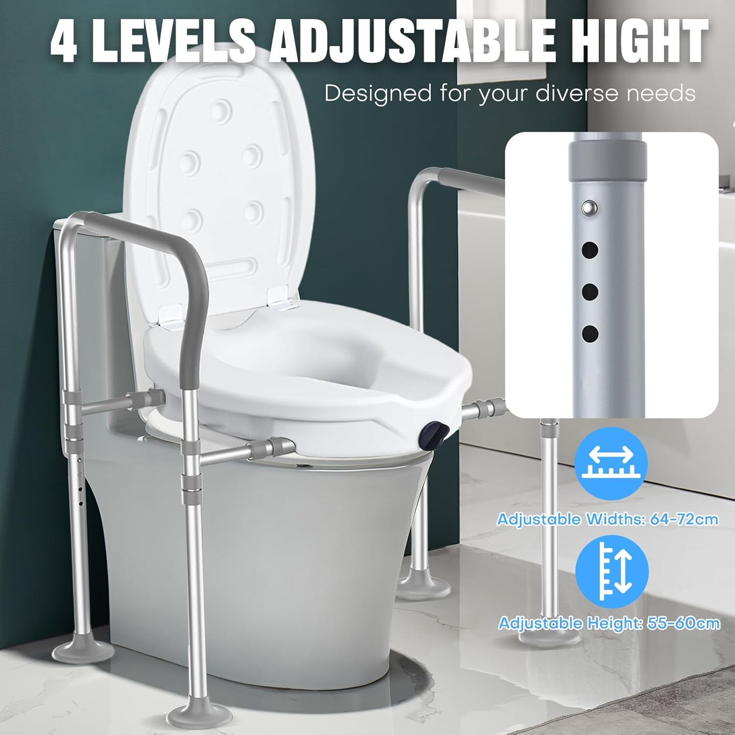 Toilet Seat Risers for Seniors with Handle, 150Kg Elevated Toilet Seat with Storage Bag, Adjustable Height, Bathroom Shower Chair for Elderly, Handicap, Pregnant, Injured (With Lid) image number 3