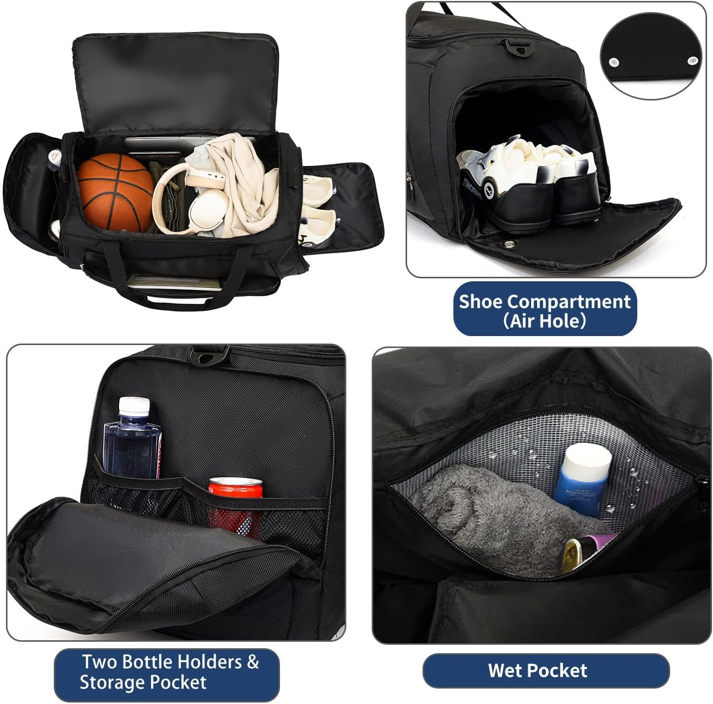 LEFAFA Gym Bag with Shoe Compartment, Large Travel Duffle Bag for Men and Women, Sports Travel Bags with Wet Pocket, Multipurpose Weekender Overnight Bags for Workout Fitness Travel, Black, Classic