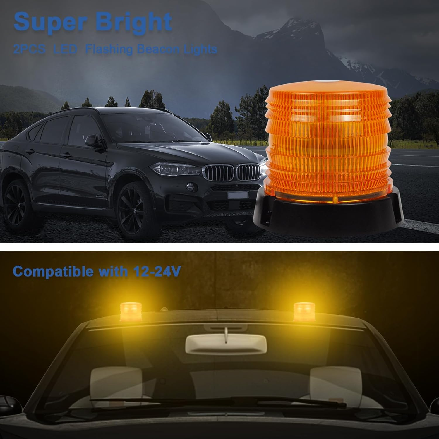 2PCS LED Warning Flash Beacon Lights, 60 LED Amber Warning Safety Flashing Strobe Lights with Magnetic and 16Ft Straight Cord for Vehicle Truck Tractor Carts UTV Car Bus,12V-24V image number 6