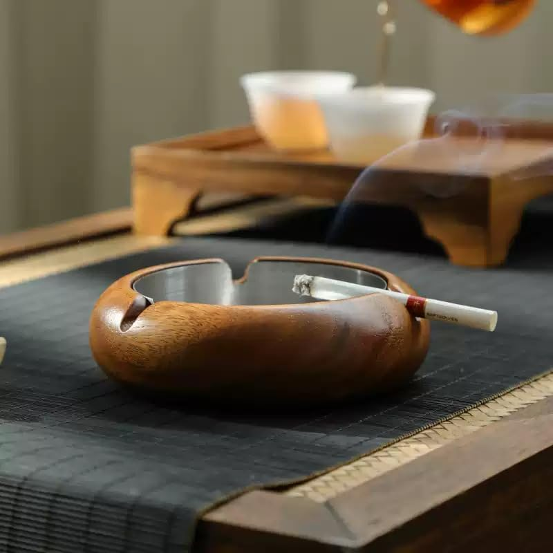 Wooden round Ashtray, Retro Household Ashtray, Suitable for Home Internet Cafe Bar (Small) image number 2