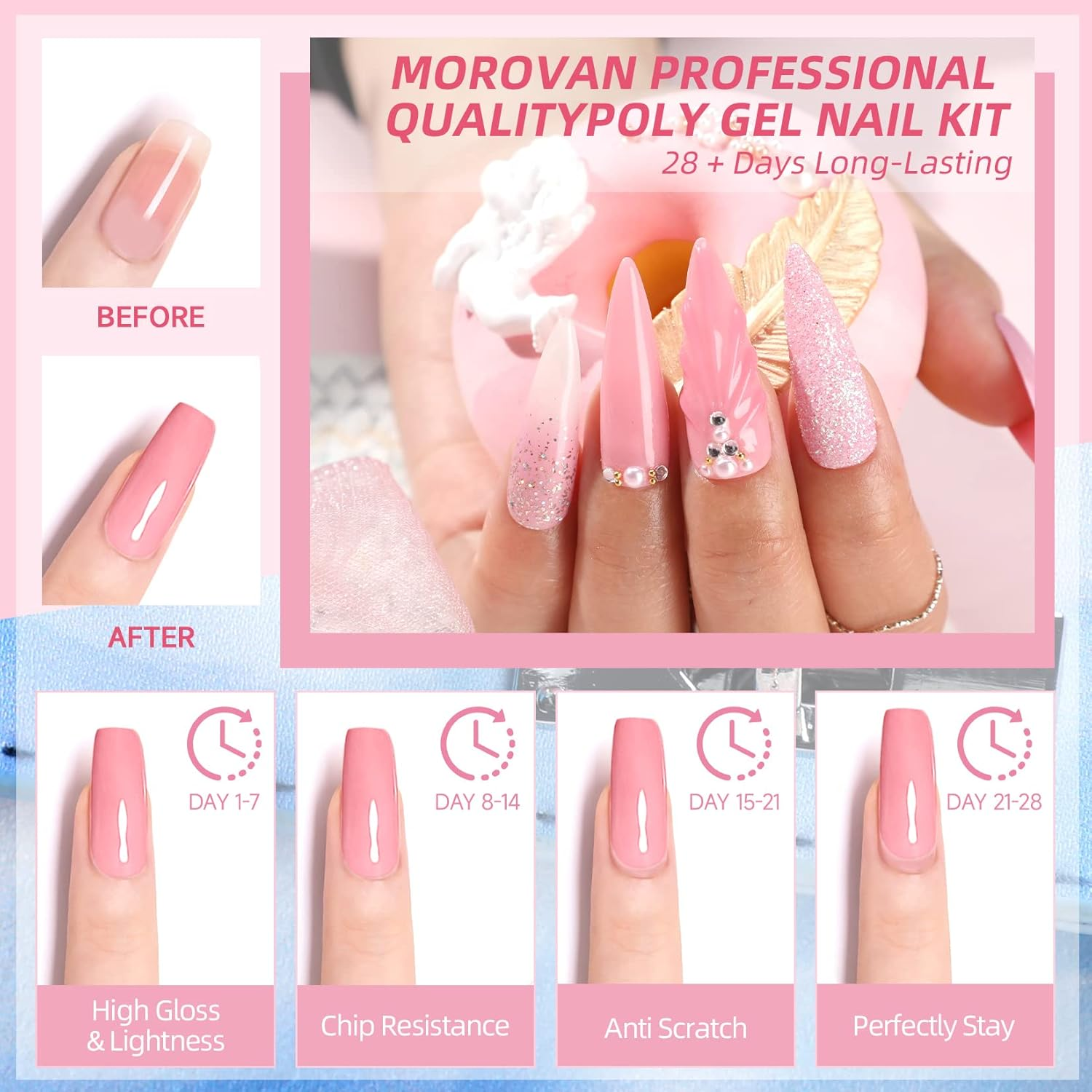 Morovan Poly Gel Nail Colors: 48 Color Poly Eextension Gel Nail Kit with Pure and Glitter Poly Nail Gel for All Season Poly Gel Nail Trendy Nail Art Design image number 5