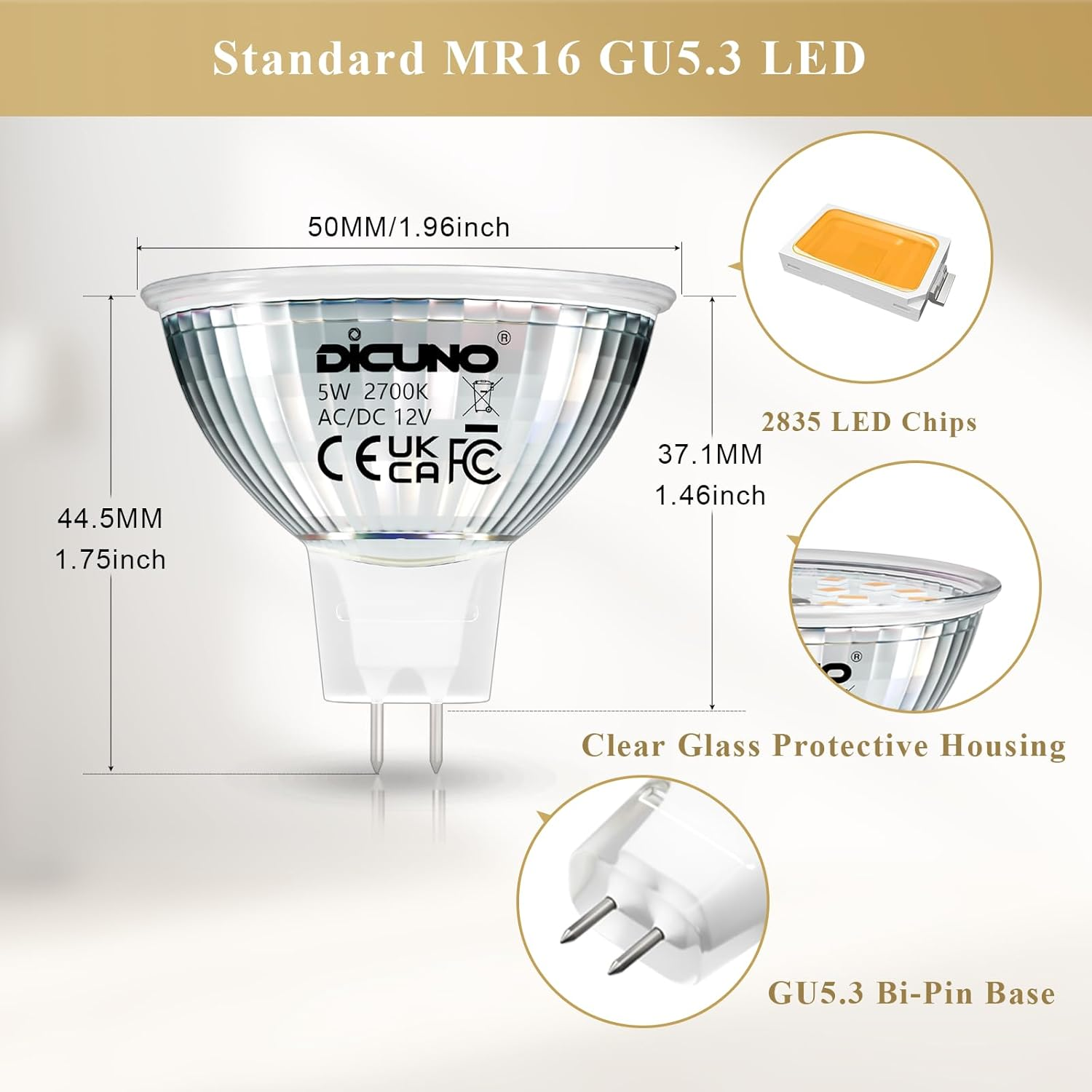 Dicuno MR16 LED Bulb, GU5.3 5W Spotlight, 50W Halogen Equivalent, 500LM, Warm White 2700K, 12V, 120&deg; Beam Angle, Non-Dimmable, 6 Packs - Natural White 4000K image number 6