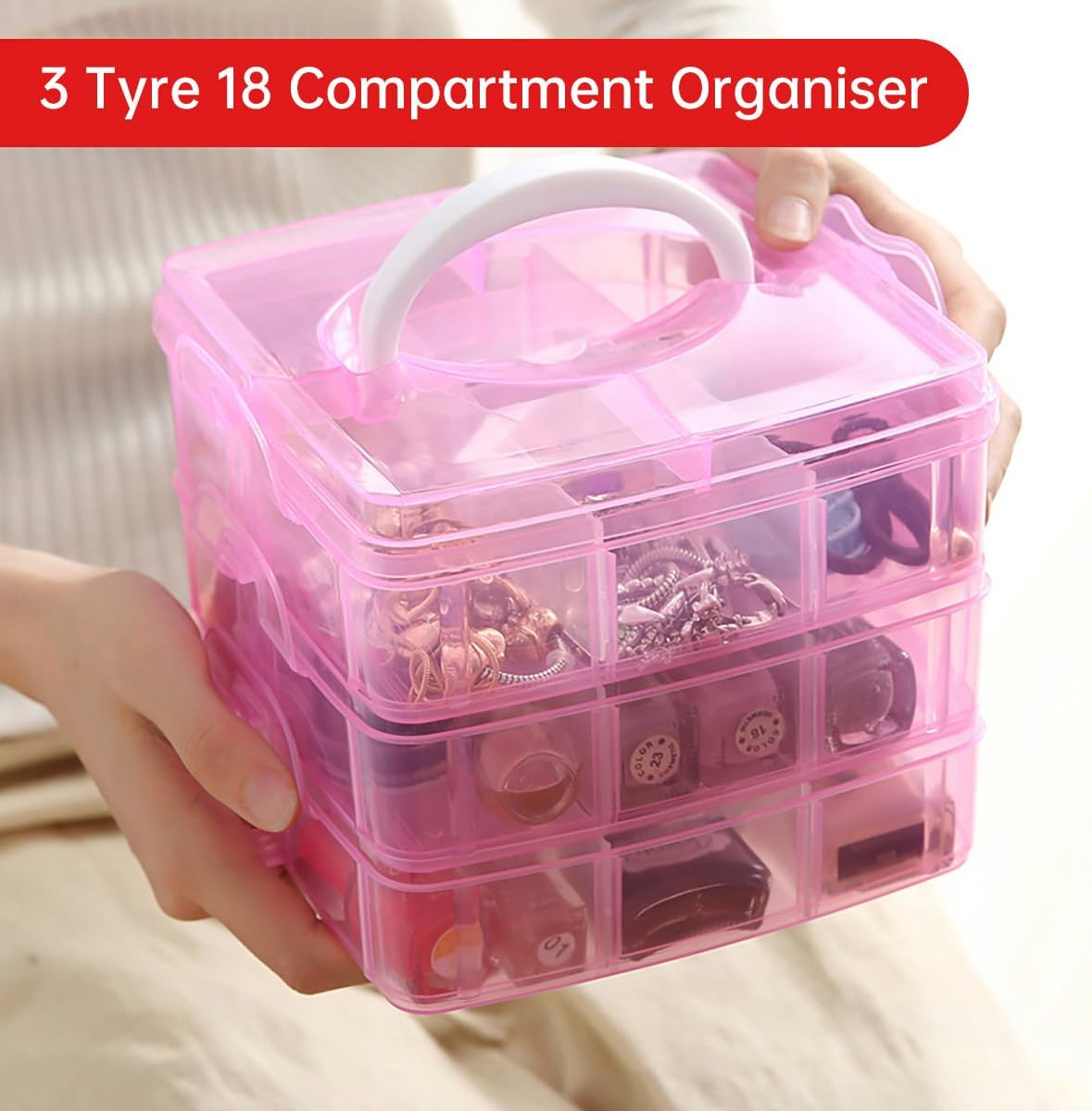 Three-Layer Detachable Transparent Storage Box, 3 Colors, 18 Grids, Plastic Organizer Box for Cosmetics, Jewelry, Craft Supplies, 15X15X12.5Cm - Clear image number 6