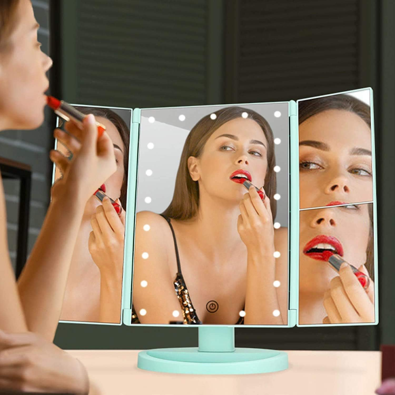 Tri-Fold Lighted Vanity Makeup Mirror with 3X/2X/1X Magnification, 21 LLED Light and Touch Screen,Dual Power Supply, Portable LED Makeup Mirror, Travel,Women Gift (Green) image number 2