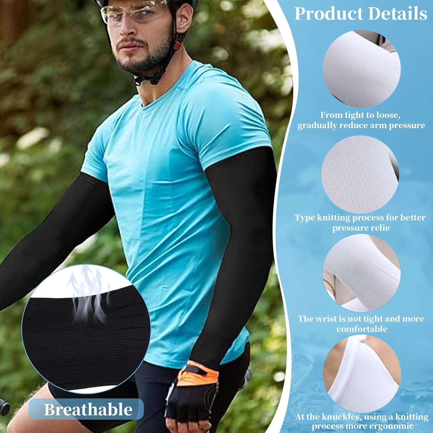 3 Pairs Cooling Sleeves with Thumb Hole, UPF50+ UV Sun Protection Sleeves, Compression Cooling Sleeve to Cover Arm Tattoo, Men Women Arm Sleeves for Cycling Sport Running Driving Basketball image number 5