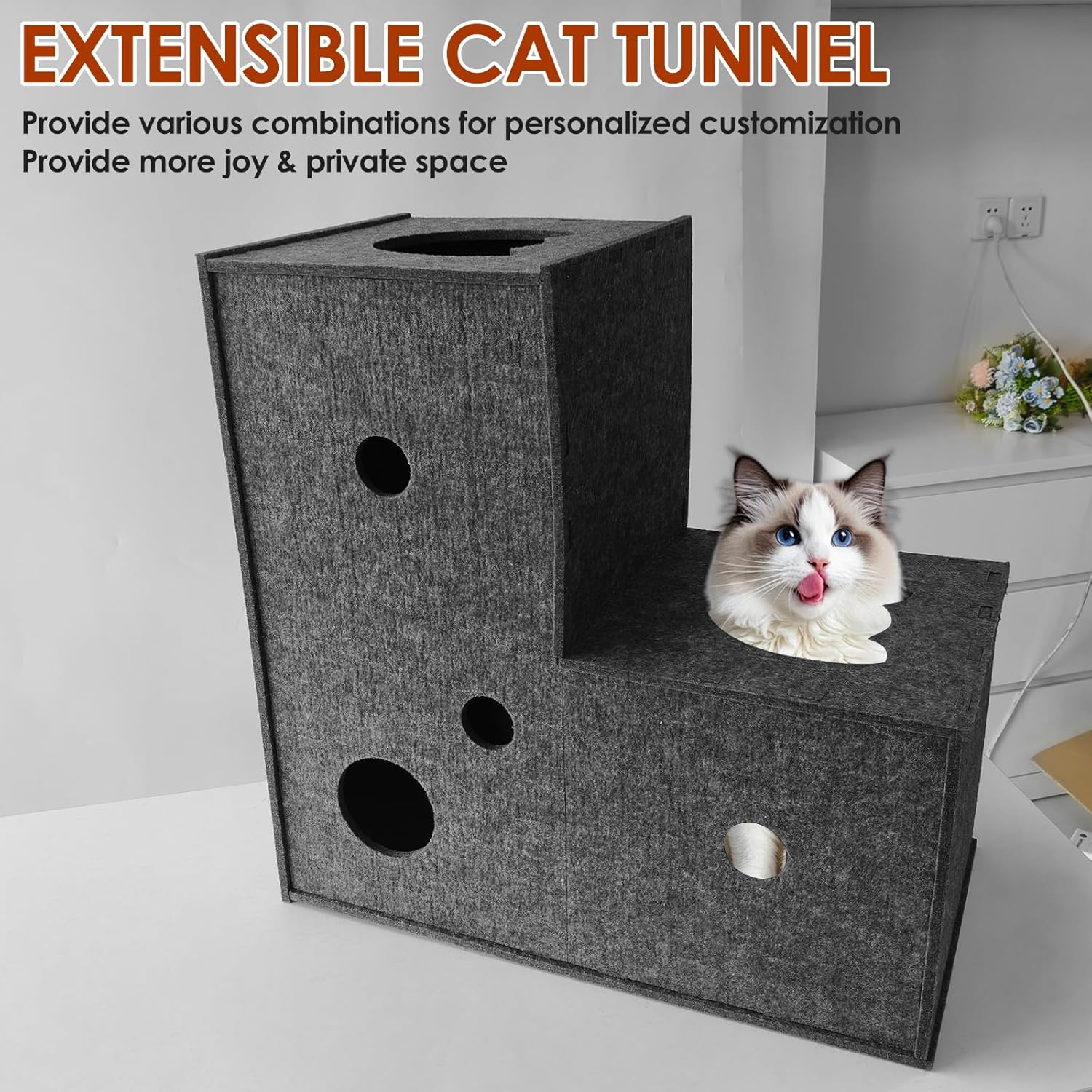 Cat Tunnel for Indoor Cats,Diy Transformable Cat Hideaway Cave,Kitten Play Tubes and Tunnels,Felt Peekaboo Cat Toy with Interactive Peek Holes (Grey, L-Shape Tunnel) image number 4