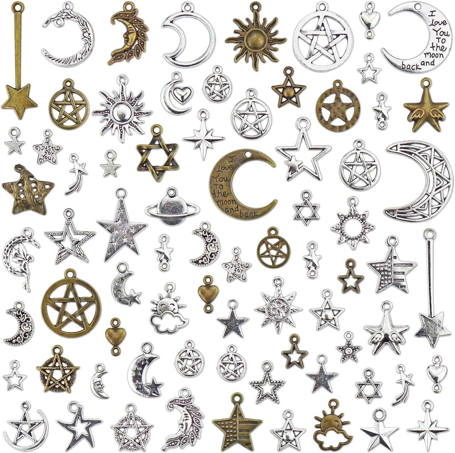 JIALEEY Celestial Mixed Sun Moon Star Charms, Wholesale Bulk Lots Antique Alloy Charms Pendants DIY for Necklace Bracelet Jewelry Making and Crafting, 100G(74Pcs), Alloy Steel, Alloy Steel image number 4
