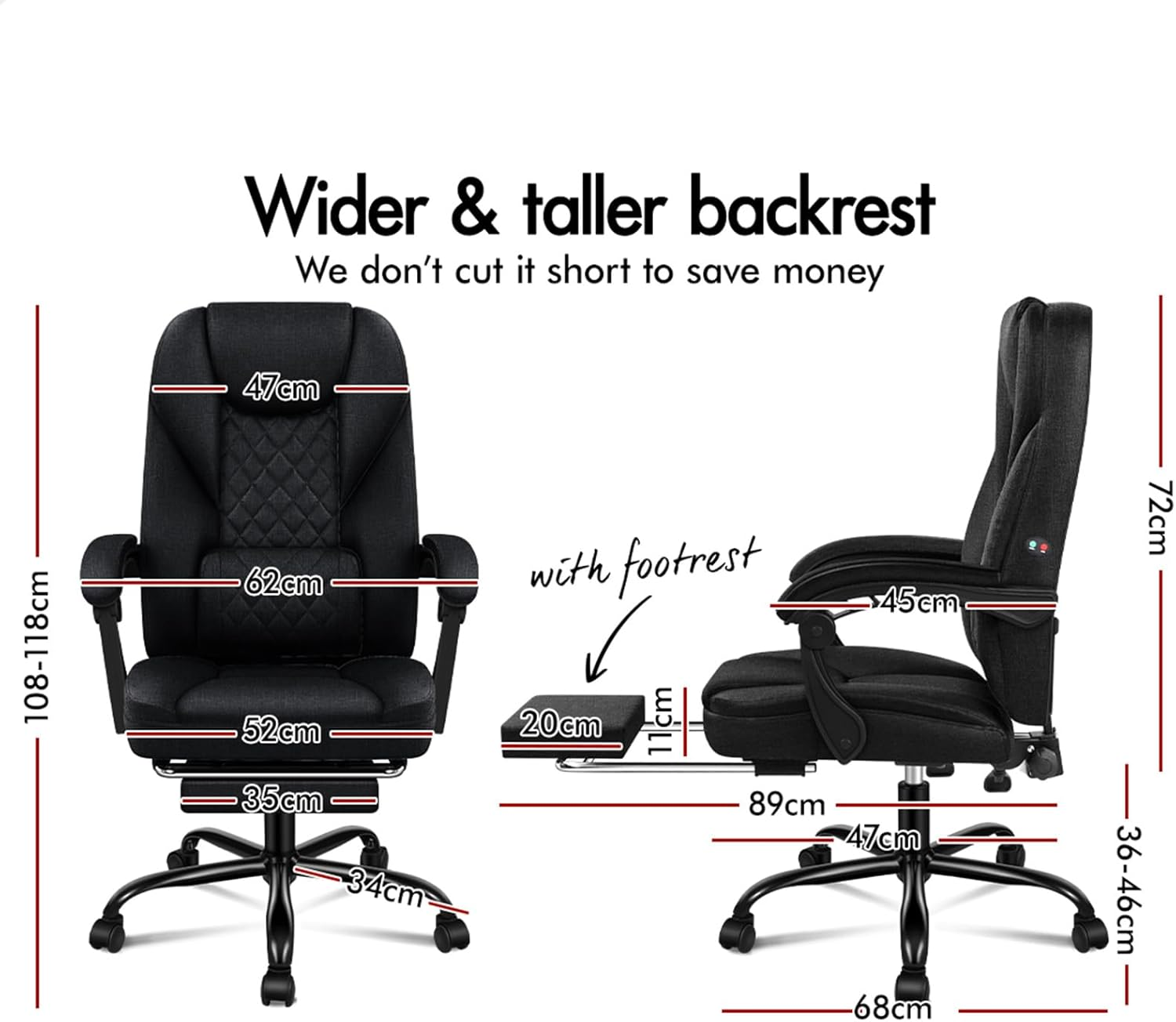 ALFORDSON Ergonomic Office Chair with 150&deg; Recline & 2-Point Massage, Computer Desk Chair with SGS Approved Gas-Lift, Executive Home Video Game Chair (Avery Fabric Black) image number 4