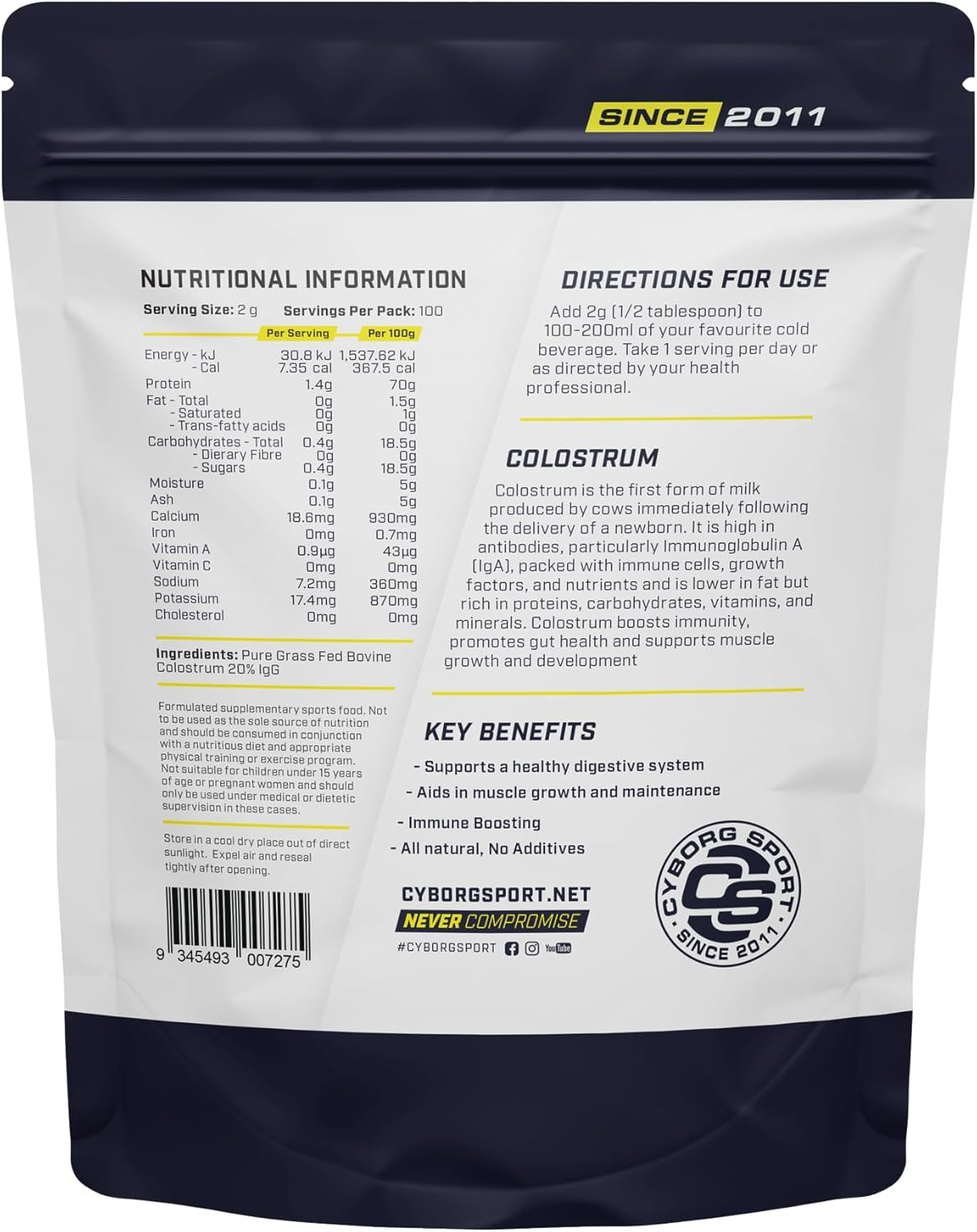 Colostrum - 200G - 100 Servings - 20% Igg - Pure Grass Fed Colostrum - Immunity - Recovery - Gut Health - by Cyborg Sport image number 1