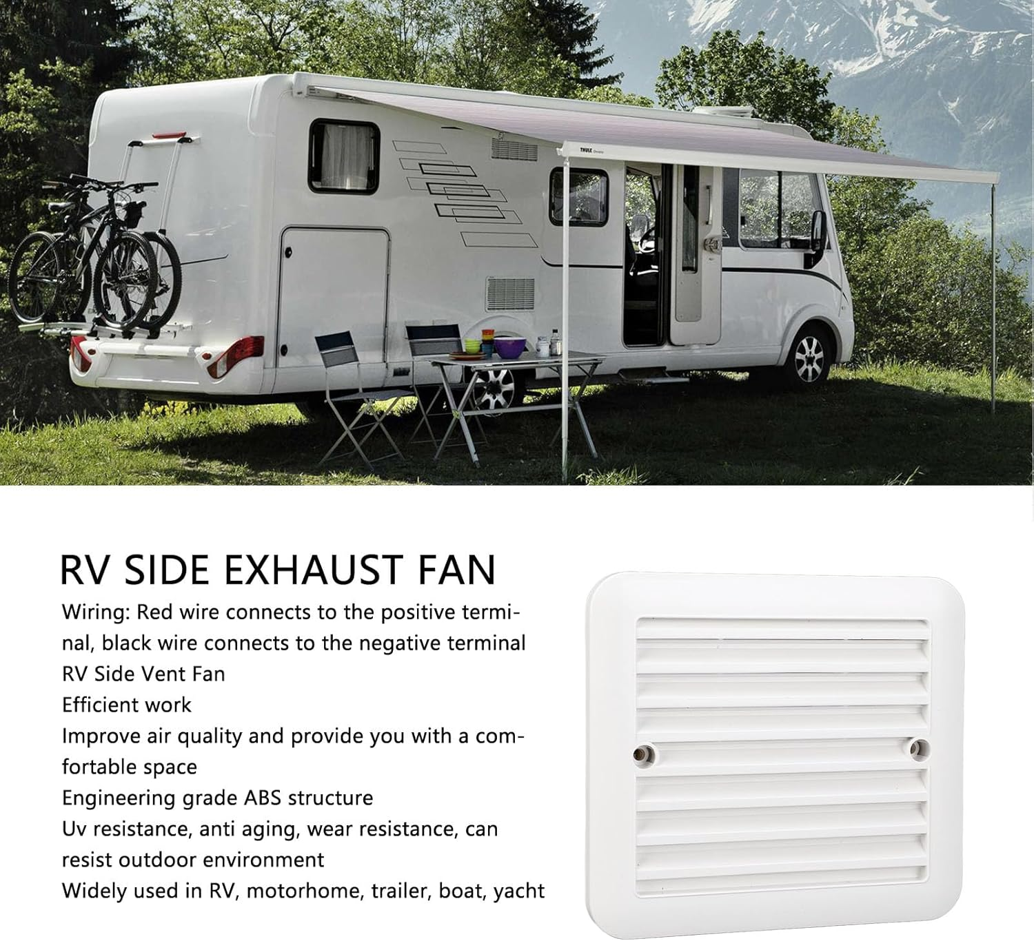 RV Side Vent Fan, 4.8W 12V Vent Fan One Way Side Air Vent Ventilation Exhaust Fan Low Noise Side Air Vent Fan, Exhaust Fan for Motorhome Caravan Trailer Boat Marine, 5.51X5.12In image number 6