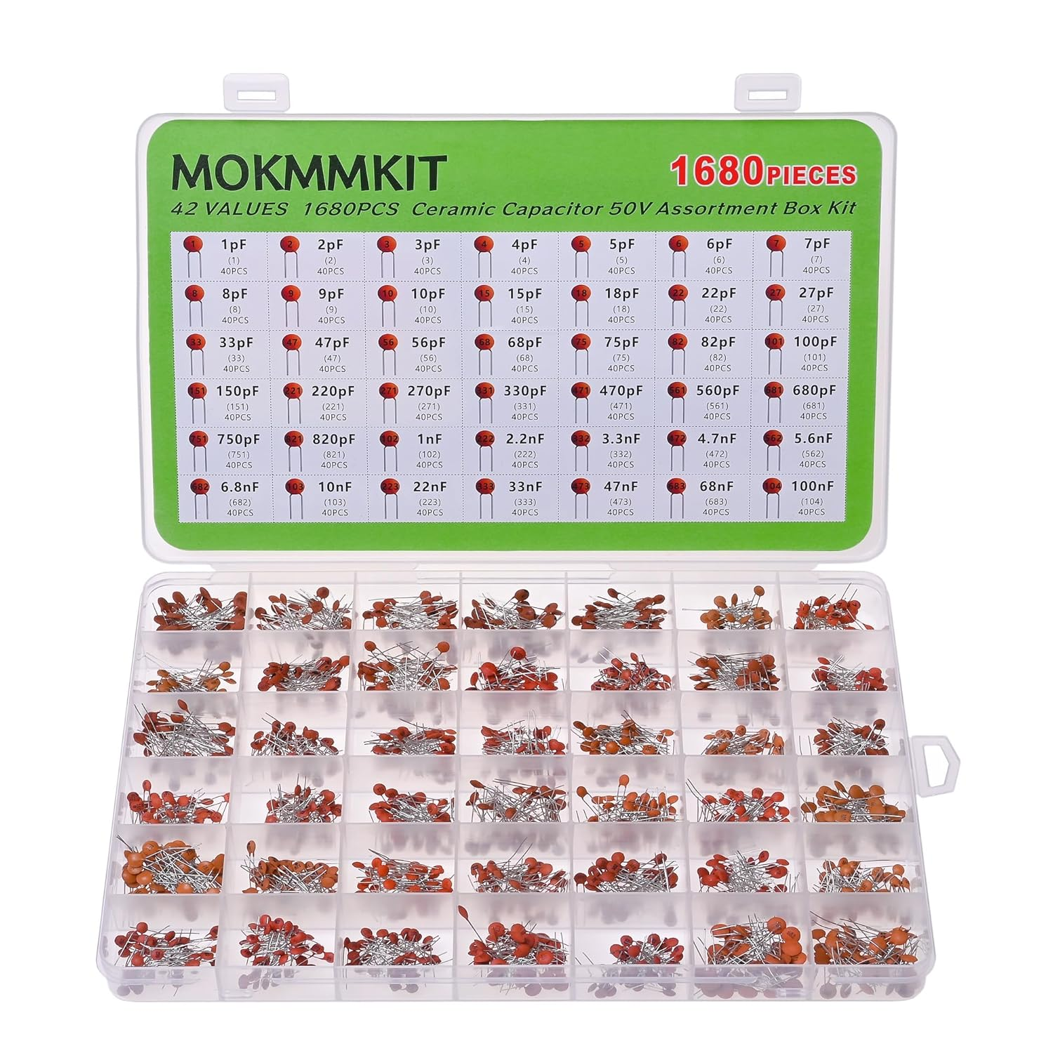 42 Values 1680 Pieces Ceramic Capacitor Kit 1Pf - 100Nf 50V Multilayer Monolithic Chip Capacitors Assortment Kit image number 1