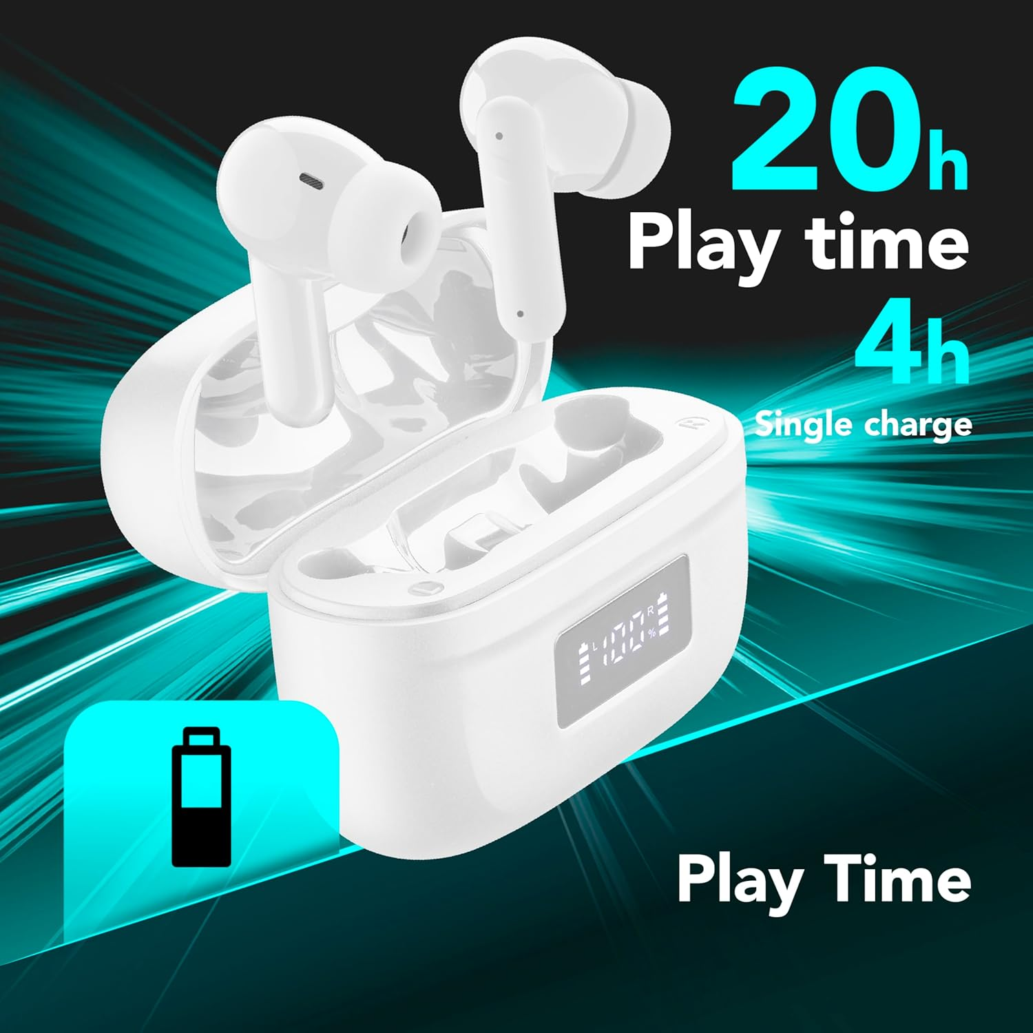 Cellularline Tone TWS Bluetooth In-Ear Headphones with ENC (Environmental Noise Cancelling), 4 Microphones, LED Display, Total Play Time 20 Hours, White image number 4