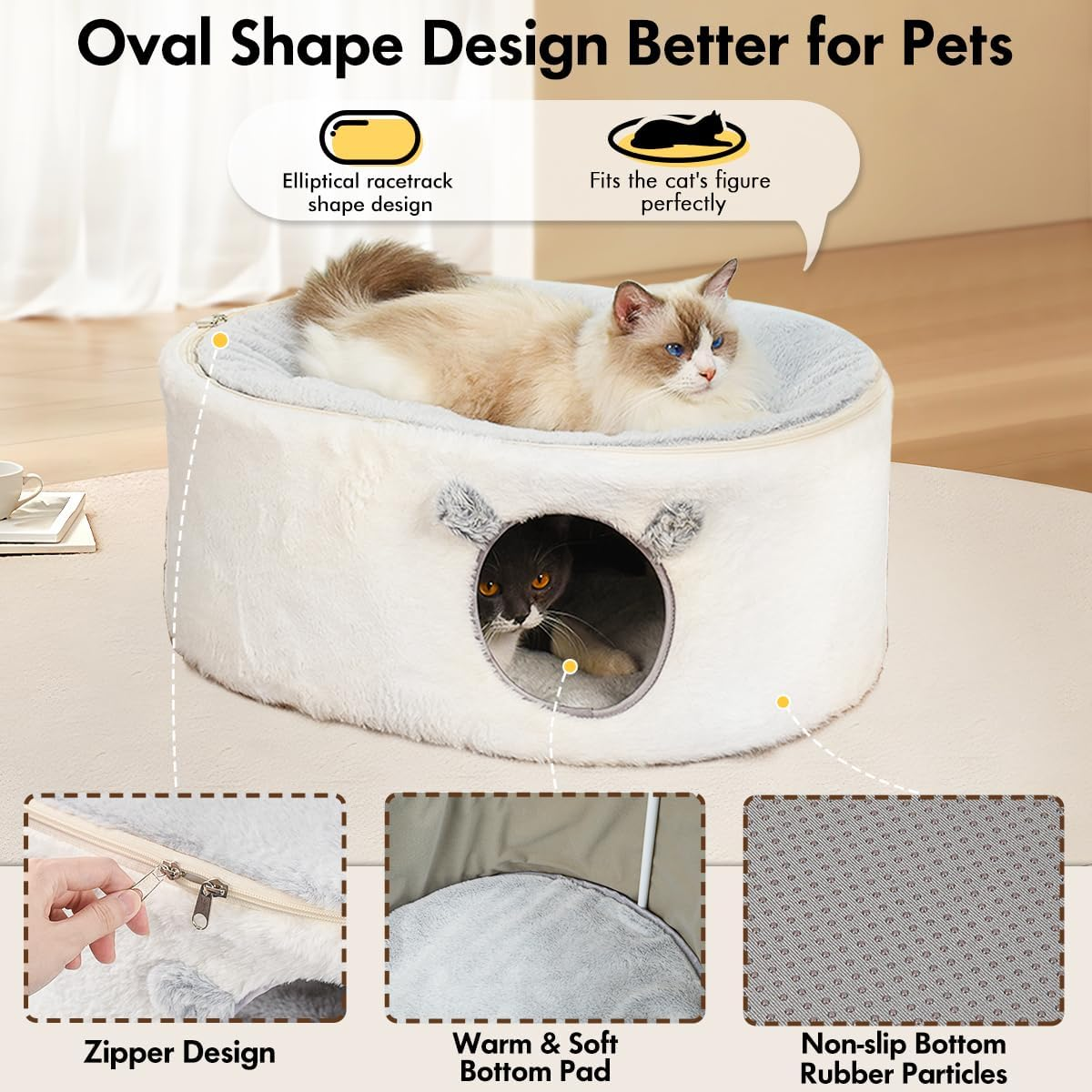 Cat Bed for Indoor Cats, Fluffy Cave Large Enclosed House Pet Hammock with Removable Washable Cover for Sleeping Kittens, Small Dog, Oval Hideaway