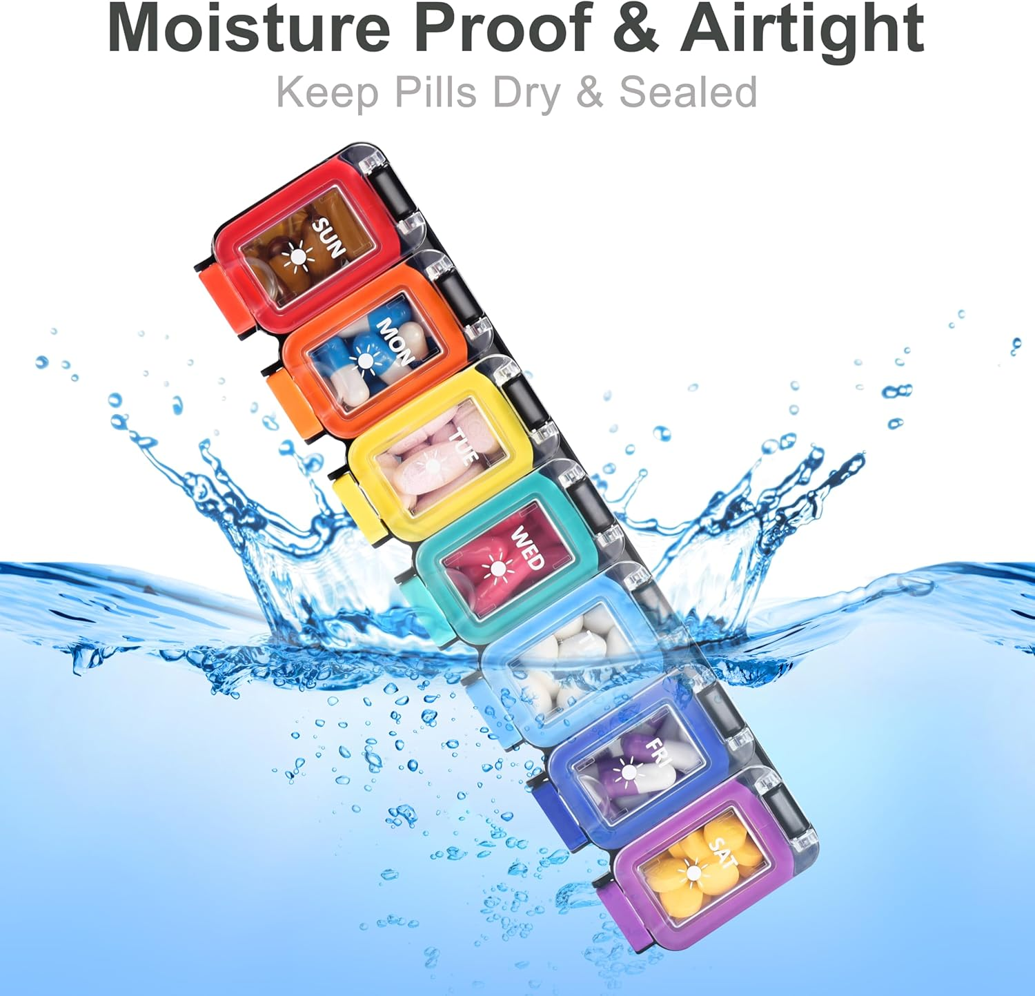 Fullicon Moisture Proof Pill Organiser 2 Times a Day, Large Pill Box 7 Day, Spill Proof Pill Organizer, Travel Pill Container, Medicine Pill Case with Secure Lids, Daily Pill Organizer (Rainbow Black) - Rainbow Clear image number 5