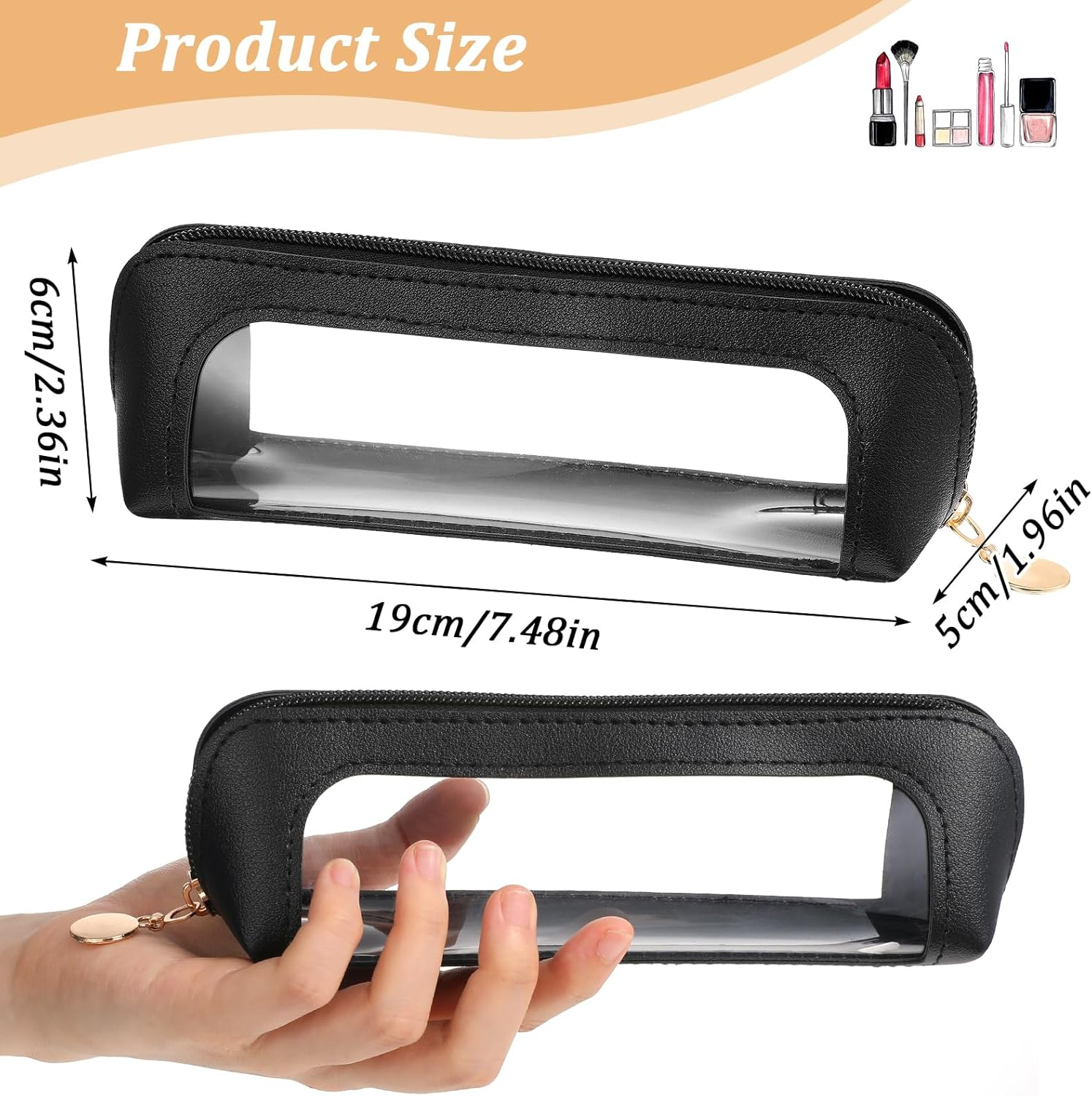 Clear Makeup Bag, Portable Transparent Cosmetic Organizer, PU Leather Makeup Brush Holder, Waterproof Travel Toiletry Pouch with Zipper for Women, Slim Makeup Case for Home, Office, Travel, Black image number 3