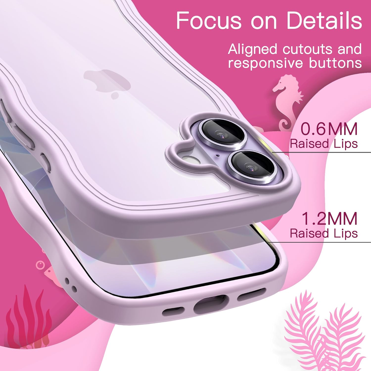 Jetech Wavy Case for Iphone 17 6.3-Inch, Cute Wave Frame Curly Shape Shockproof Phone Cover for Women and Girls, Clear Hard PC Back (Purple)