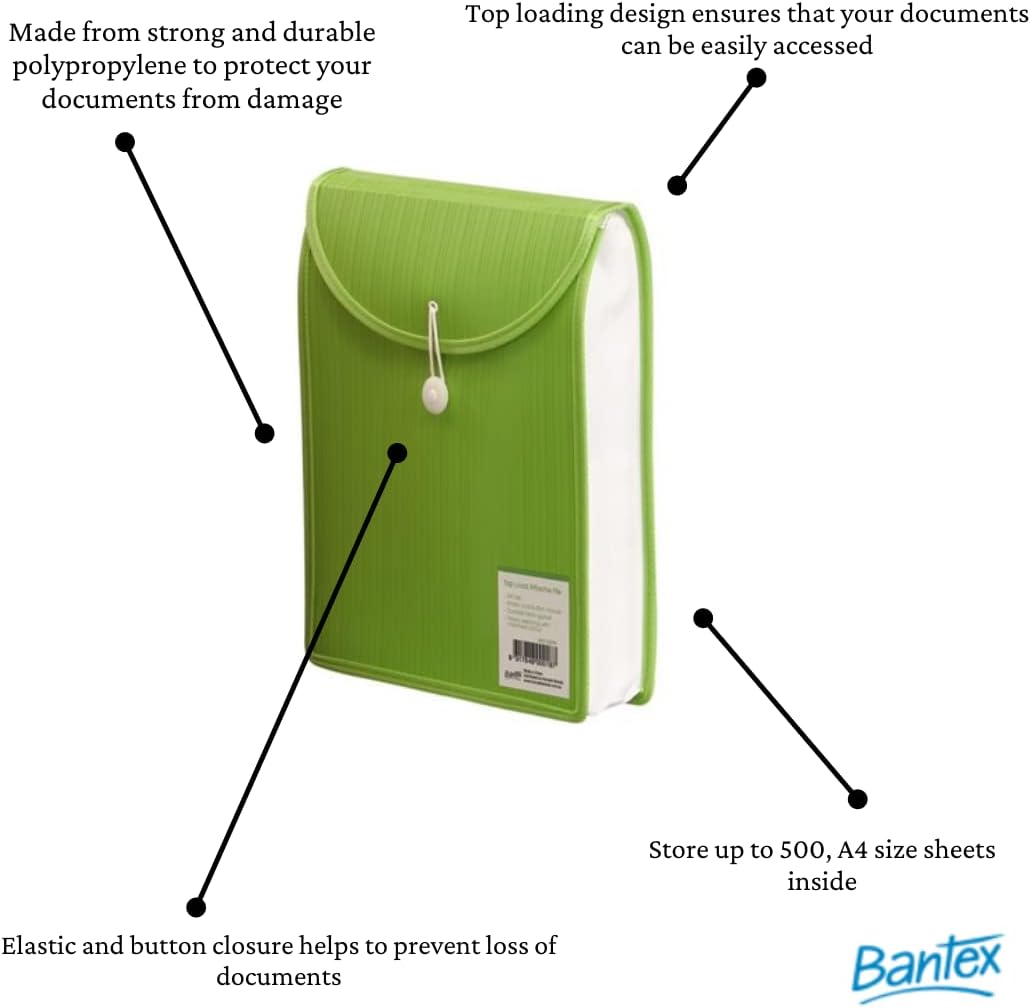 Bantex, A4 Top Load Attache File, Store up to 500 Sheets, Elastic and Button Closure, Geen - A4 (Pack Of 2) image number 2