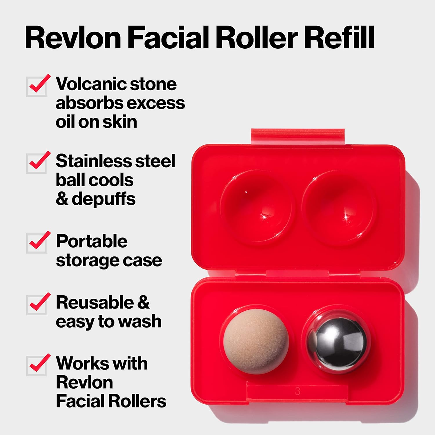 Revlon Oil Absorbing & Cooling Facial Roller Refill Pack with Volcanic & Stainless Steel Stones in Storage Case, Eco-Friendly, Easy to Clean, 1 Count image number 2