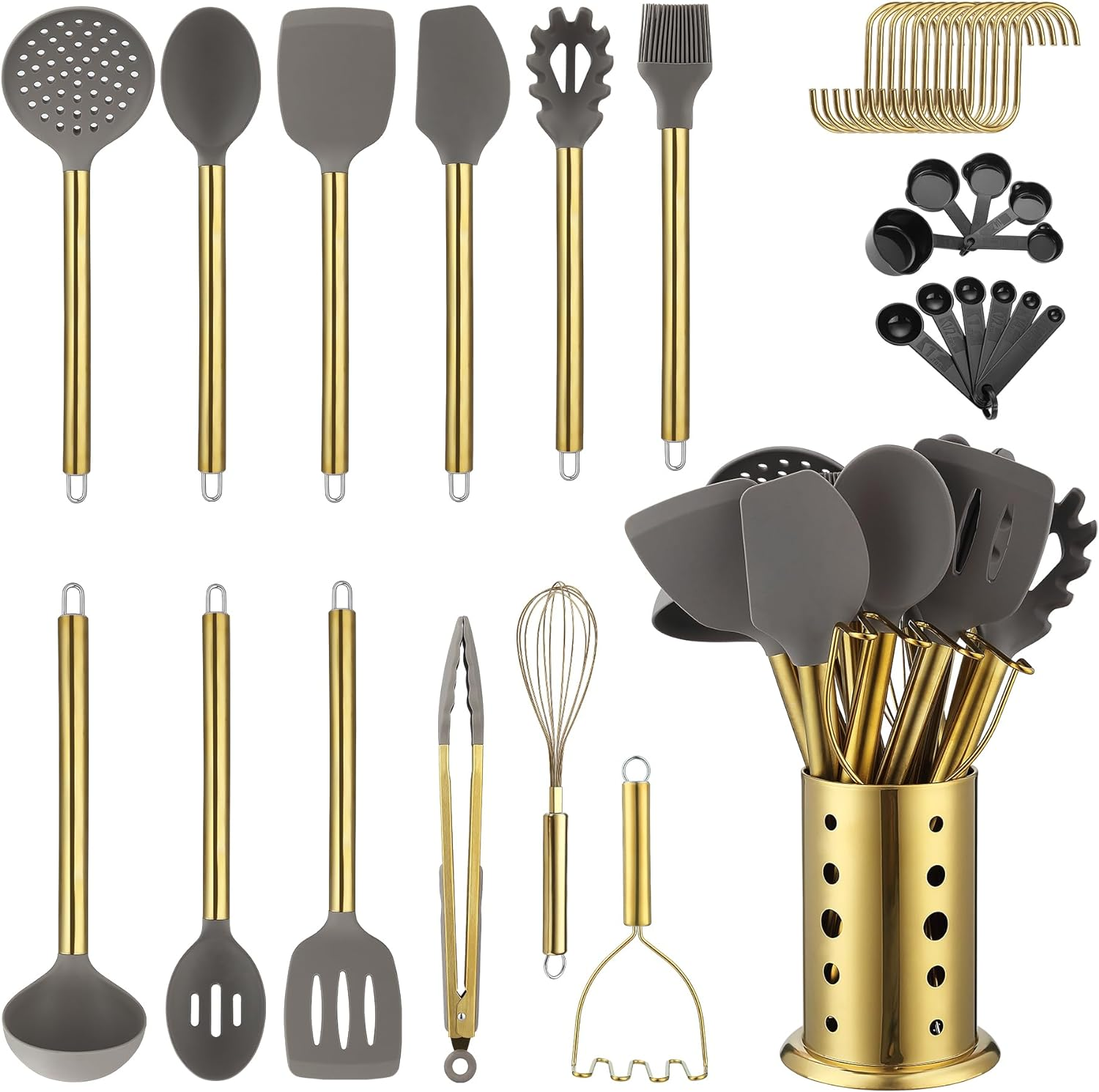 Gold Kitchen Utensils Set, Kyraton 38 Pieces Non-Stick Silicone Cooking Utensils Set, Spoon Spatula Set with Sturdy Stainless Steel Utensil Holder, Dishwasher Safe image number 2