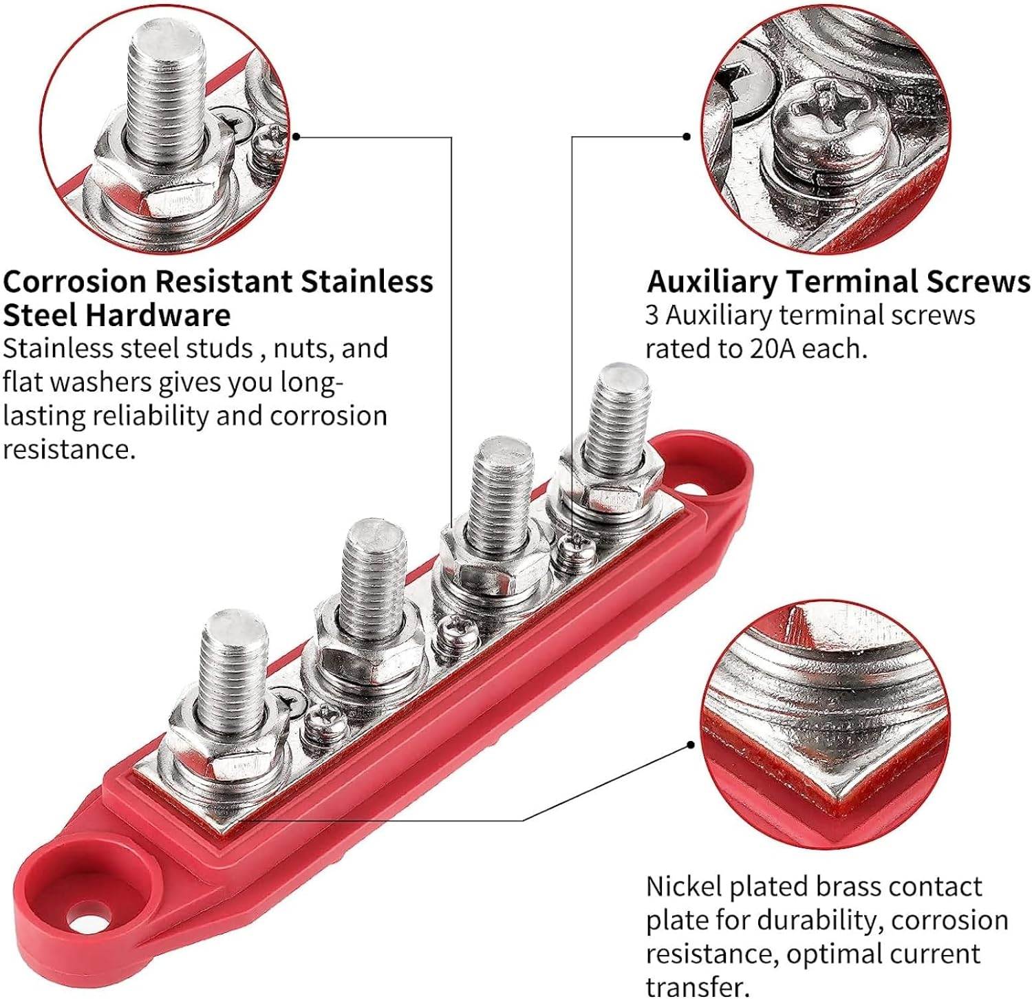 12V-48V Bus Bar Power Distribution Block with 4 M8 Terminal Studs, High Performance Module BUSBAR with Cover for Cars Rvs Ships Yachts (Red & Black) image number 2