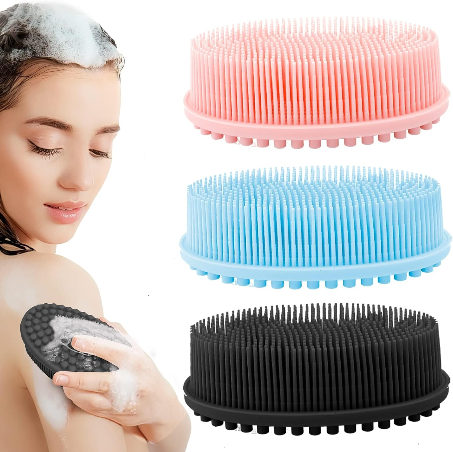 Silicone Scrub, 3PCS Body Scrub, Silicone Shower Body Brush, Bath & Shower Brush, Soft Silicone Loofah Exfoliator (Pink + Green + Blue) image number 4