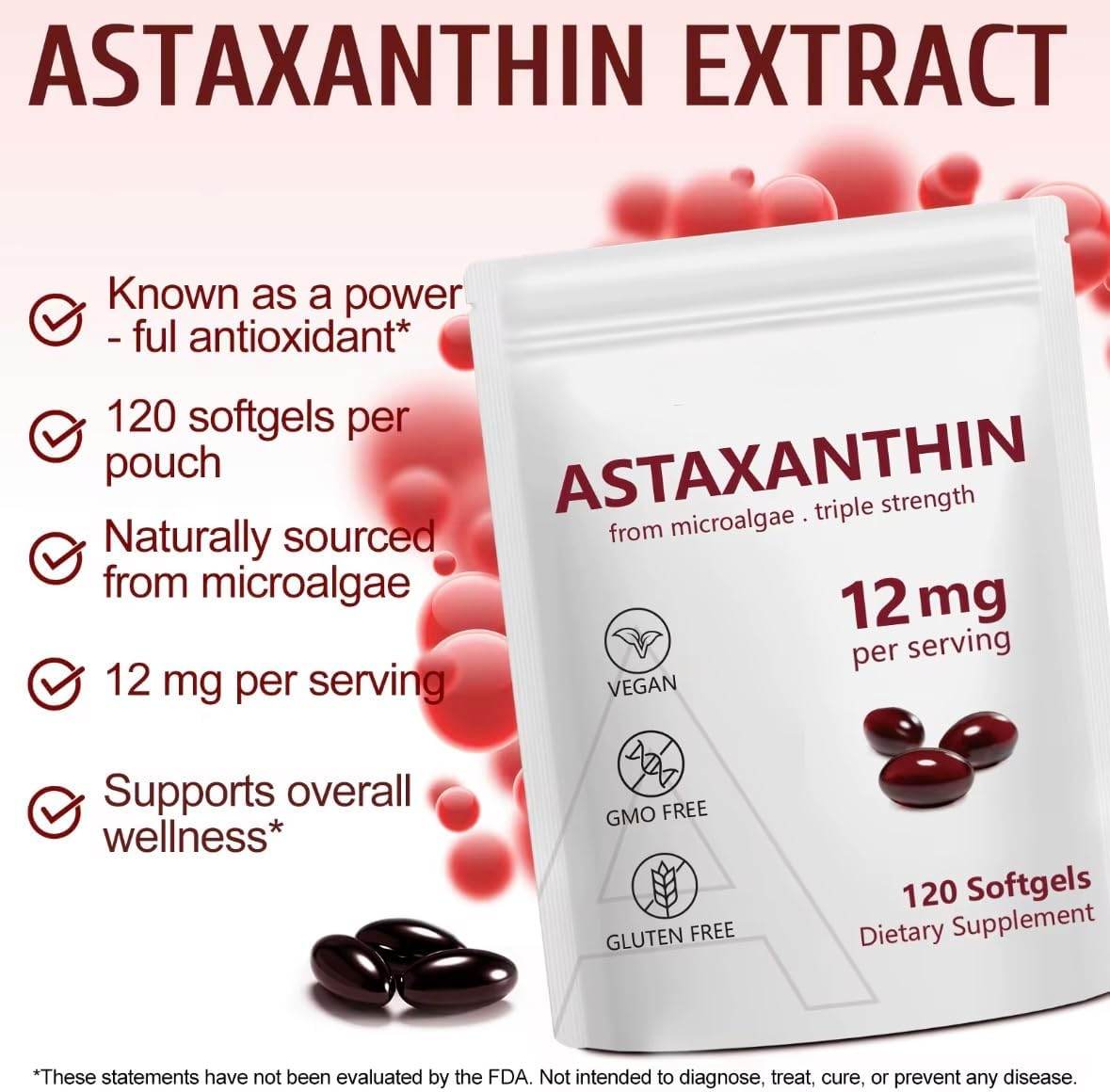 Astaxanthin 12 Mg Softgels &ndash; High-Strength Antioxidant from Microalgae (Haematococcus Pluvialis) &ndash; Vegan, Non-Gmo, Gluten-Free Formula &ndash; 120 Softgels Dietary Supplement image number 4
